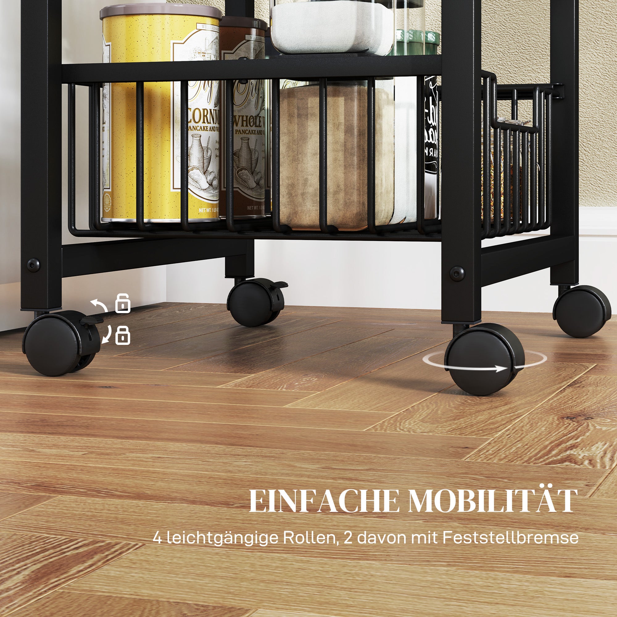 Kitchen Trolley Serving Cart with Worktop, 4 Extendable Baskets, Oak