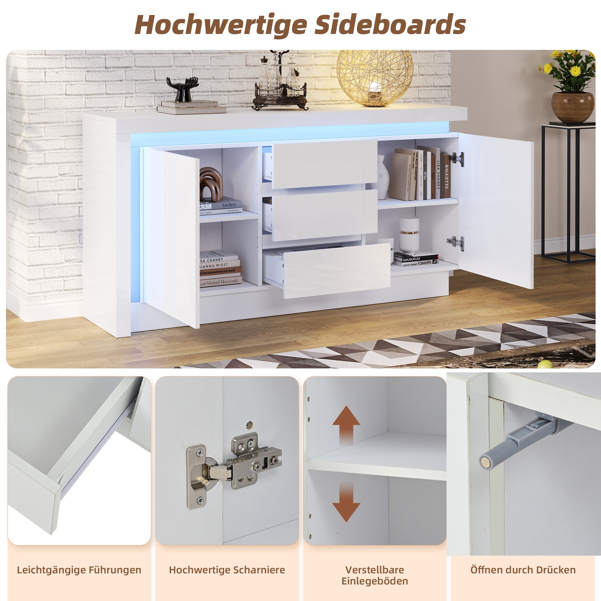 Sideboard, 140x35x72cm, 3 Drawers, 2 Doors, Adjustable Shelves, LED, High-Gloss White