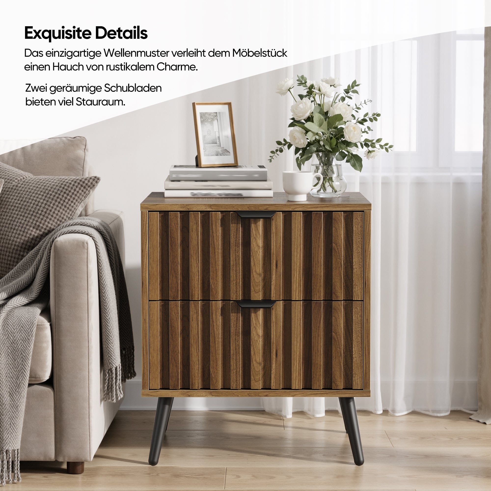 Modern Bedside Table Recessed Design 2 Drawers 45x40x53 cm - Walnut