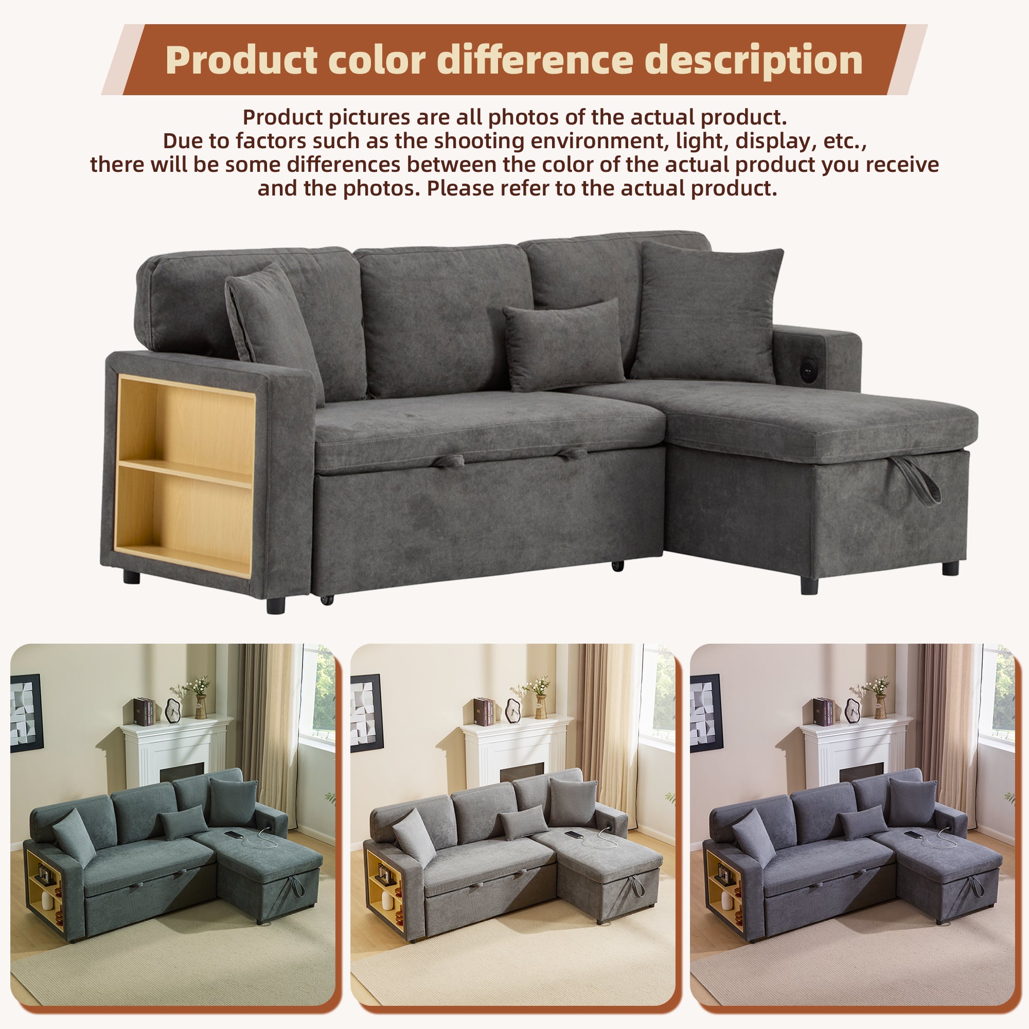 Corner Sofa Bed L-Shaped Extendable with Storage, Dark Grey