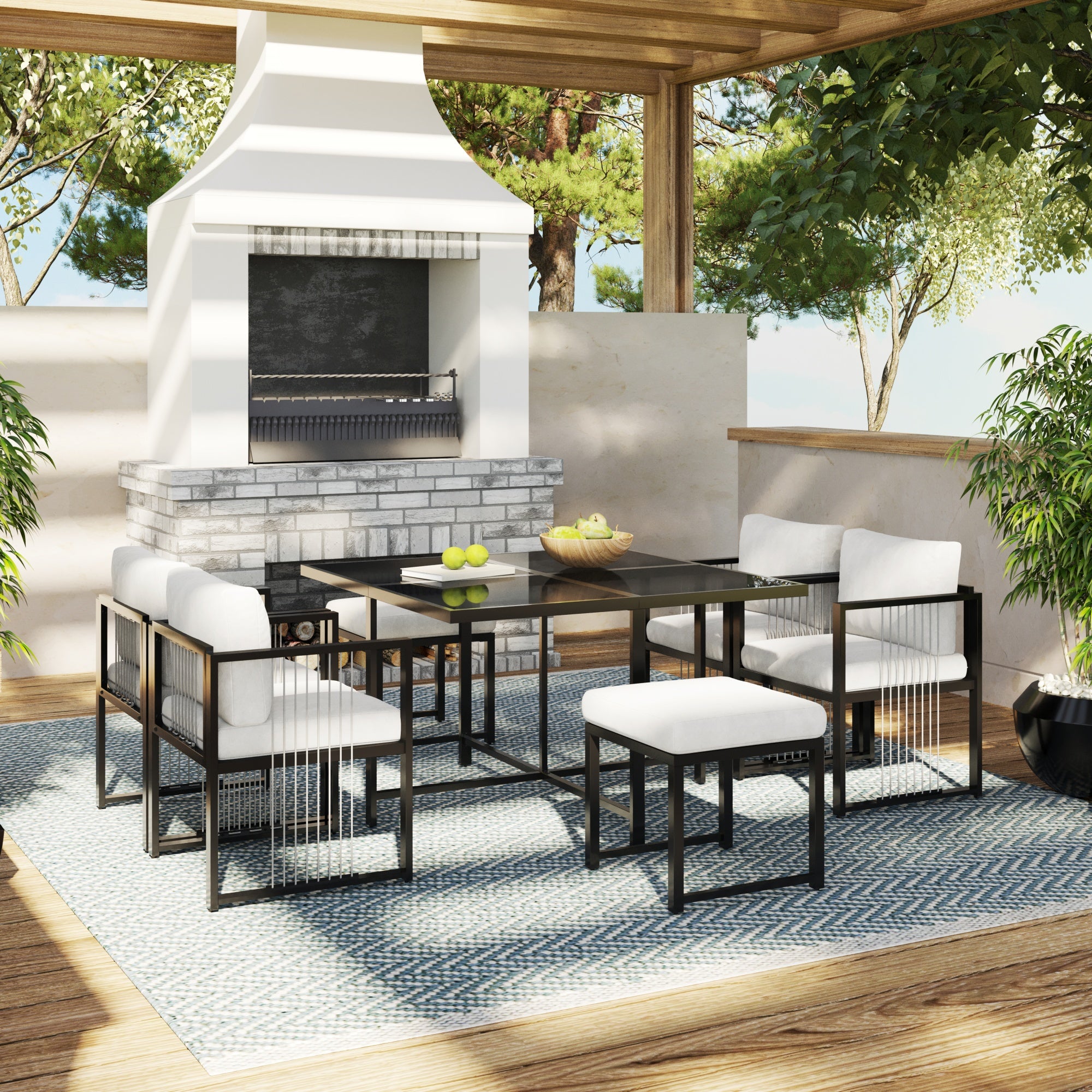 Outdoor Dining Set 7-Piece 6-Person Tempered Glass Table