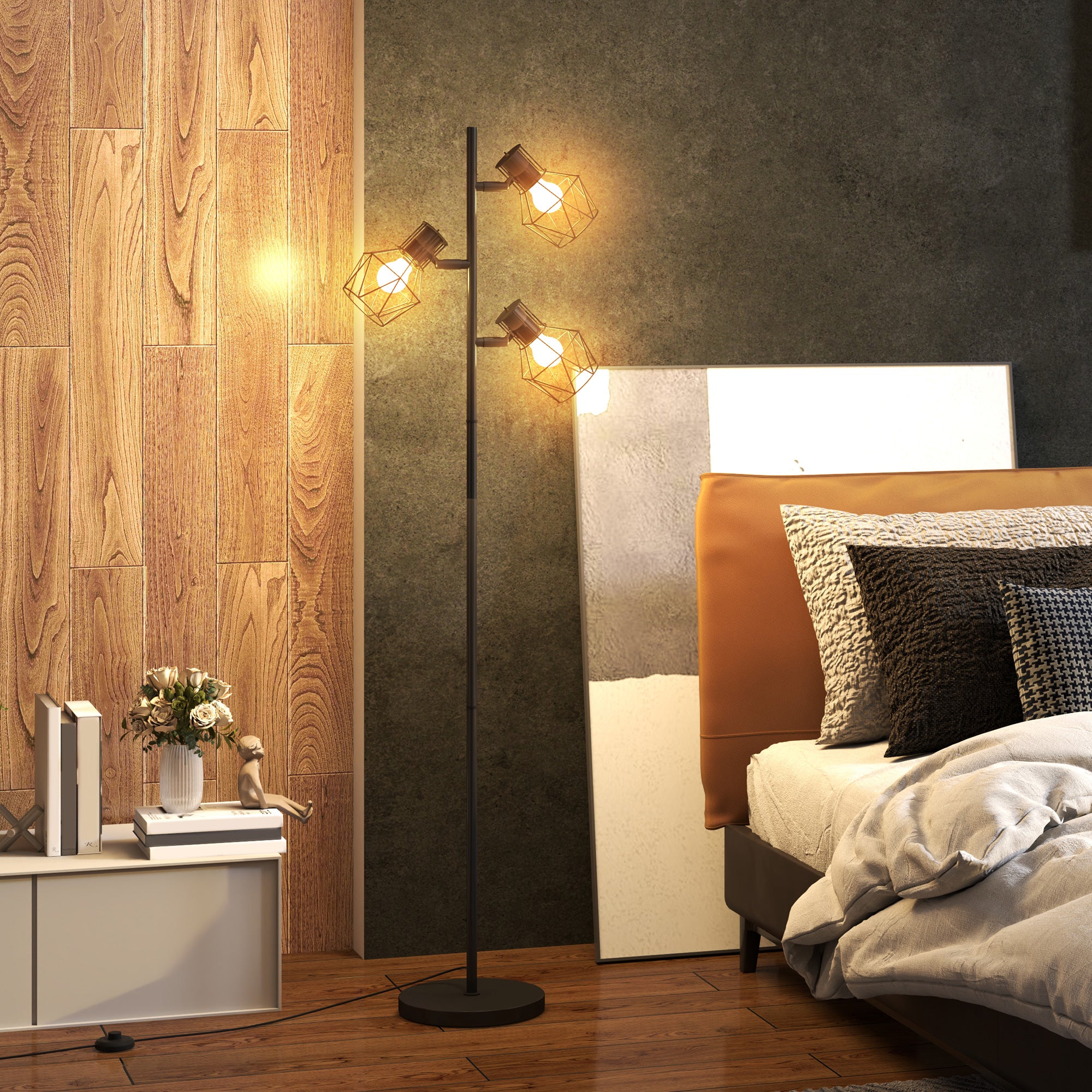 Floor Lamp, 3 E27 Sockets 40W Adjustable Flames 169cm, Black Metal