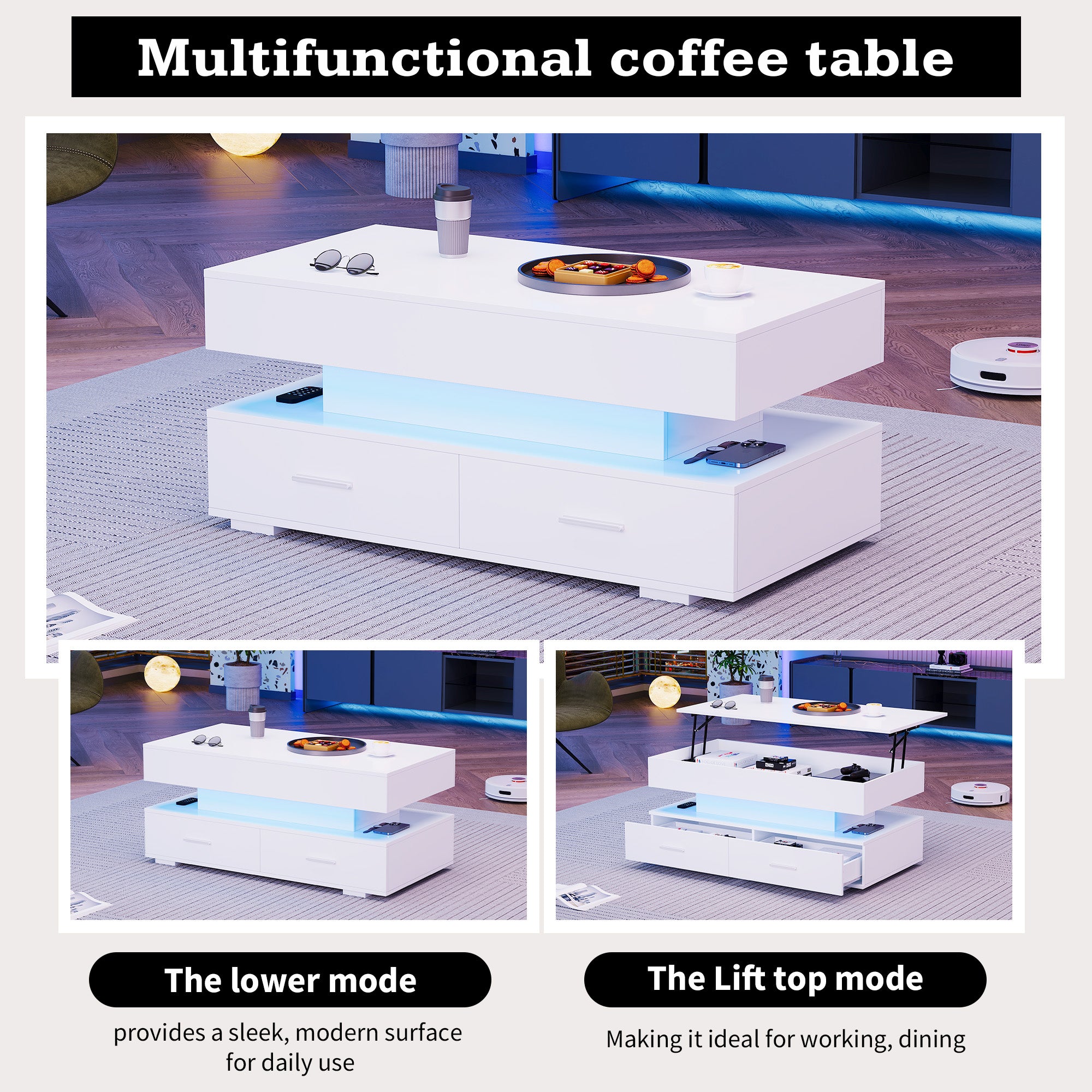 Hydraulic Height-Adjustable Coffee Table, LED Lighting, Bluetooth Control, 2 Drawers, White