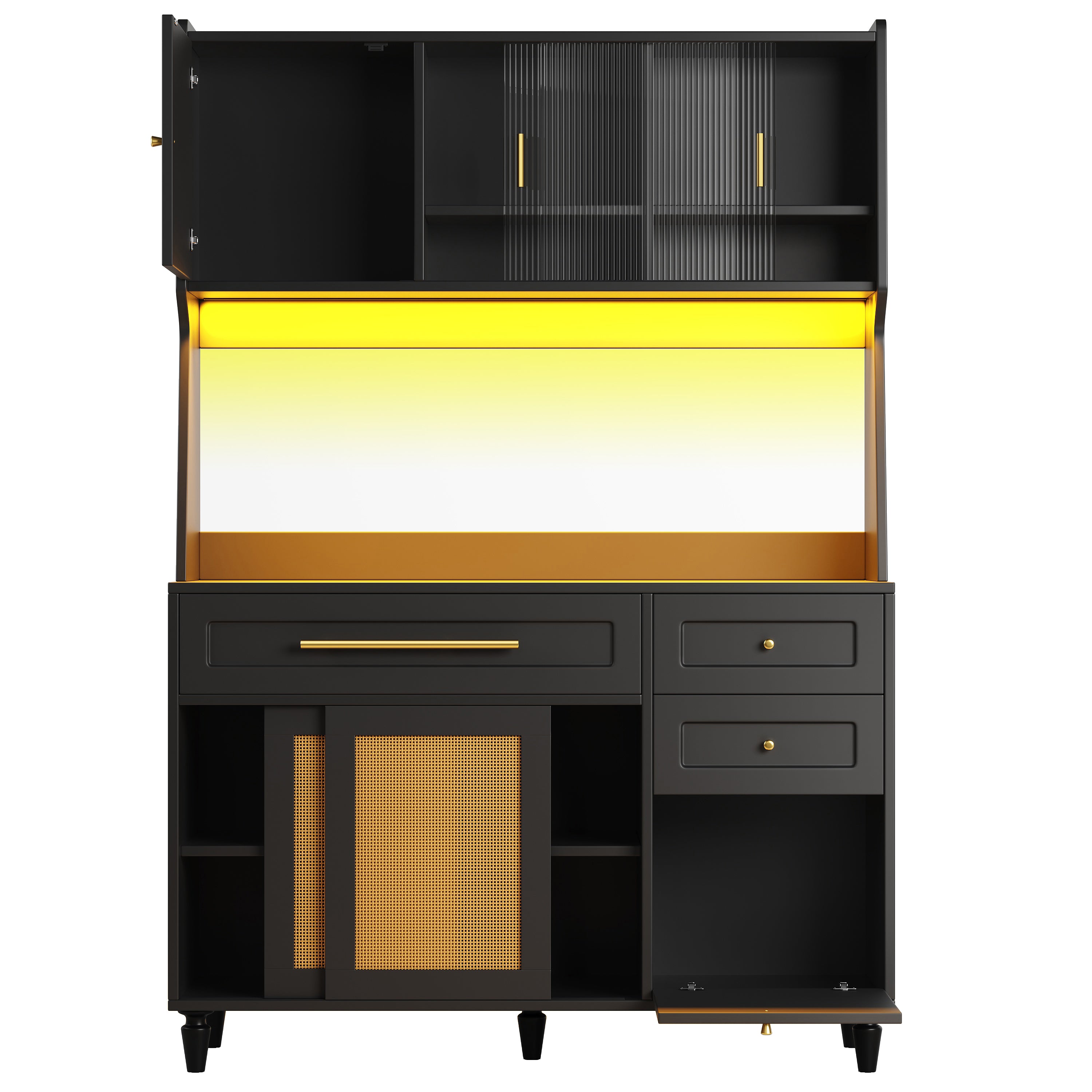 Tall Cabinet Buffet Display LED Rattan 3 Drawers - Black