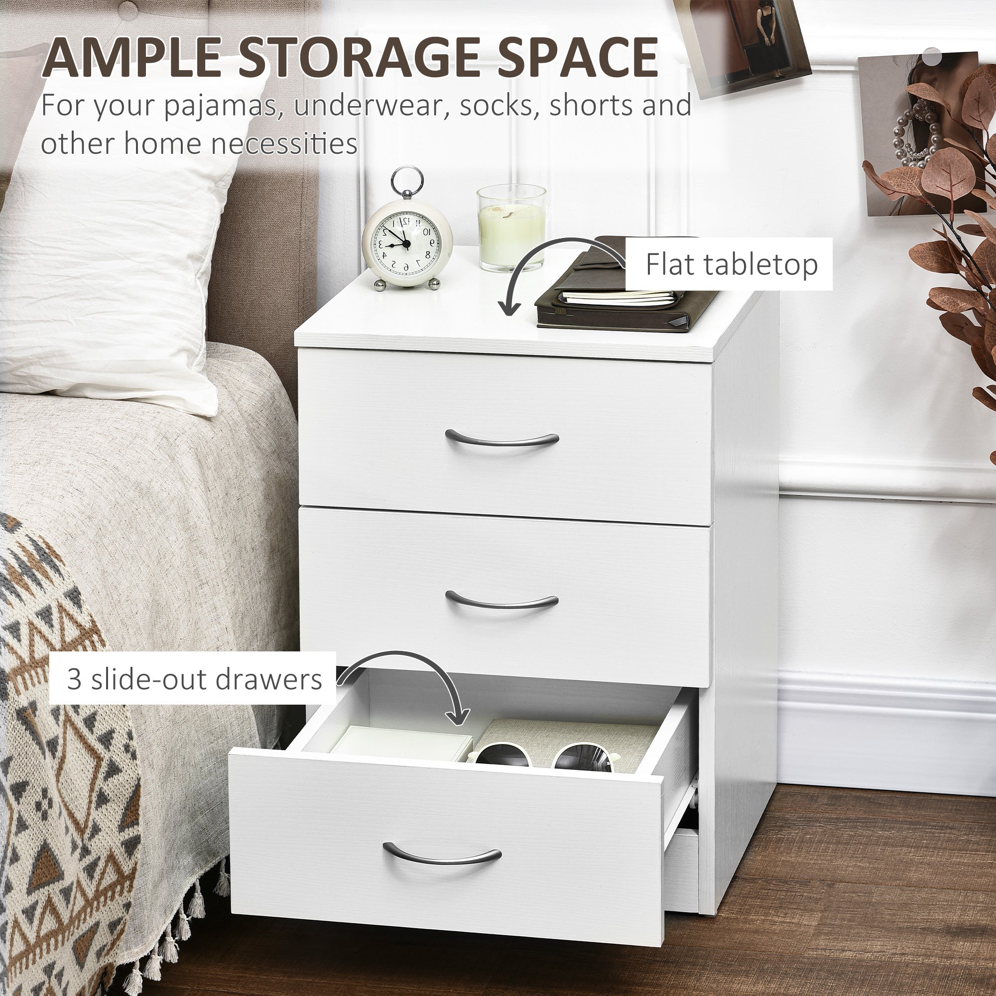 Three-Drawer Bedside Table Simple Design - White