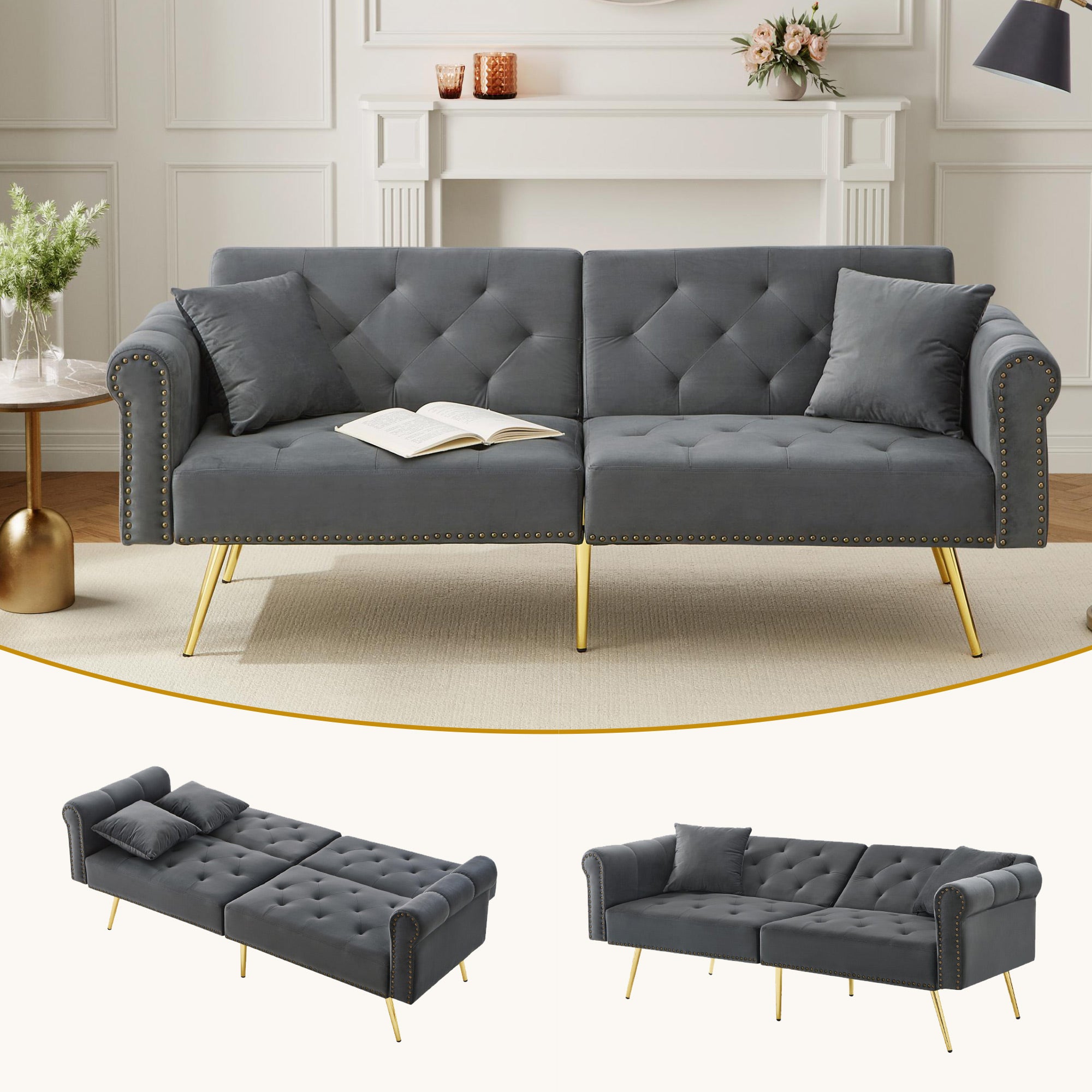Modern 2-Seater Sofa Bed, 3-Stage Adjustable Backrest Sleeping Function, Velvet Upholstery