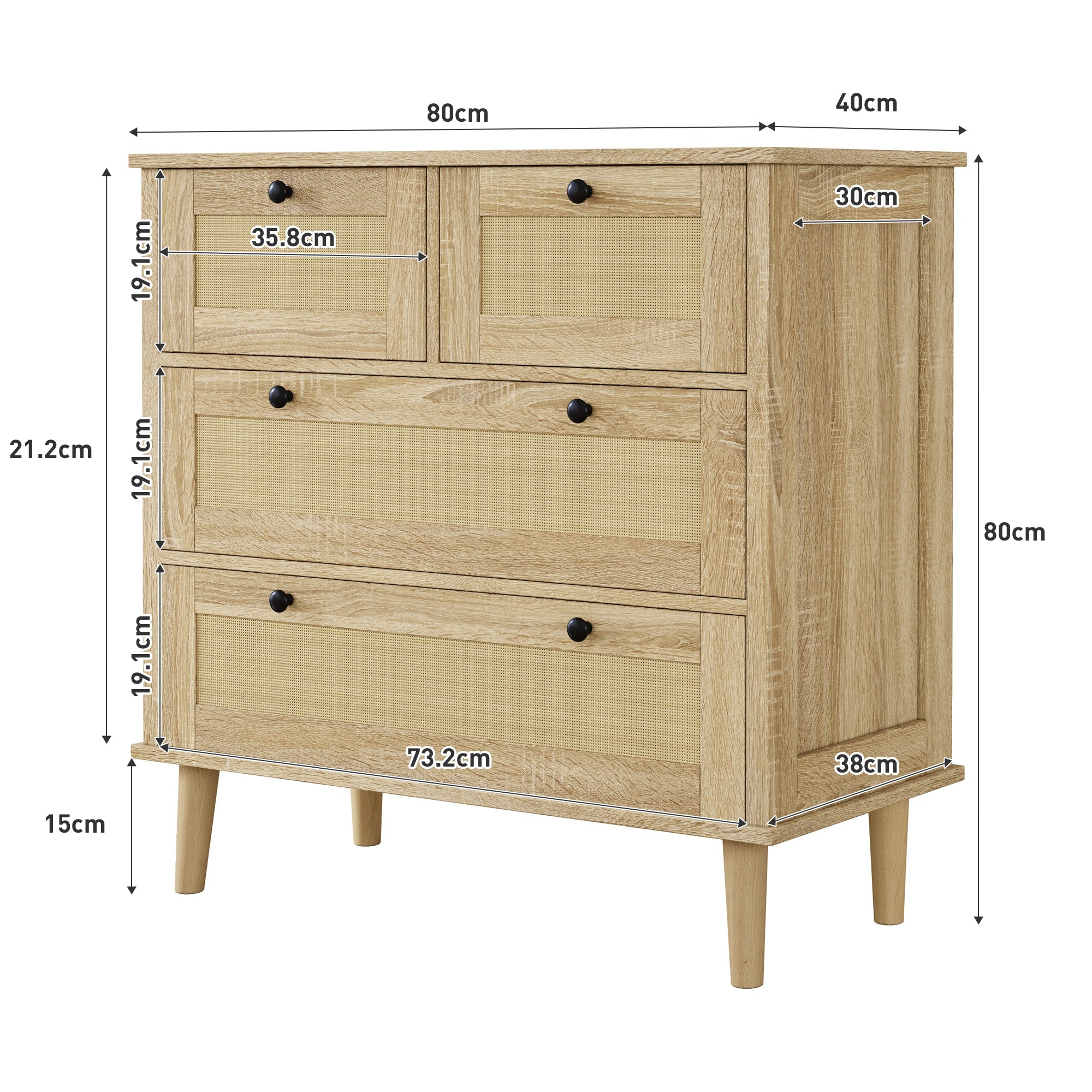 Chest of drawers with four drawers, rattan, solid wood