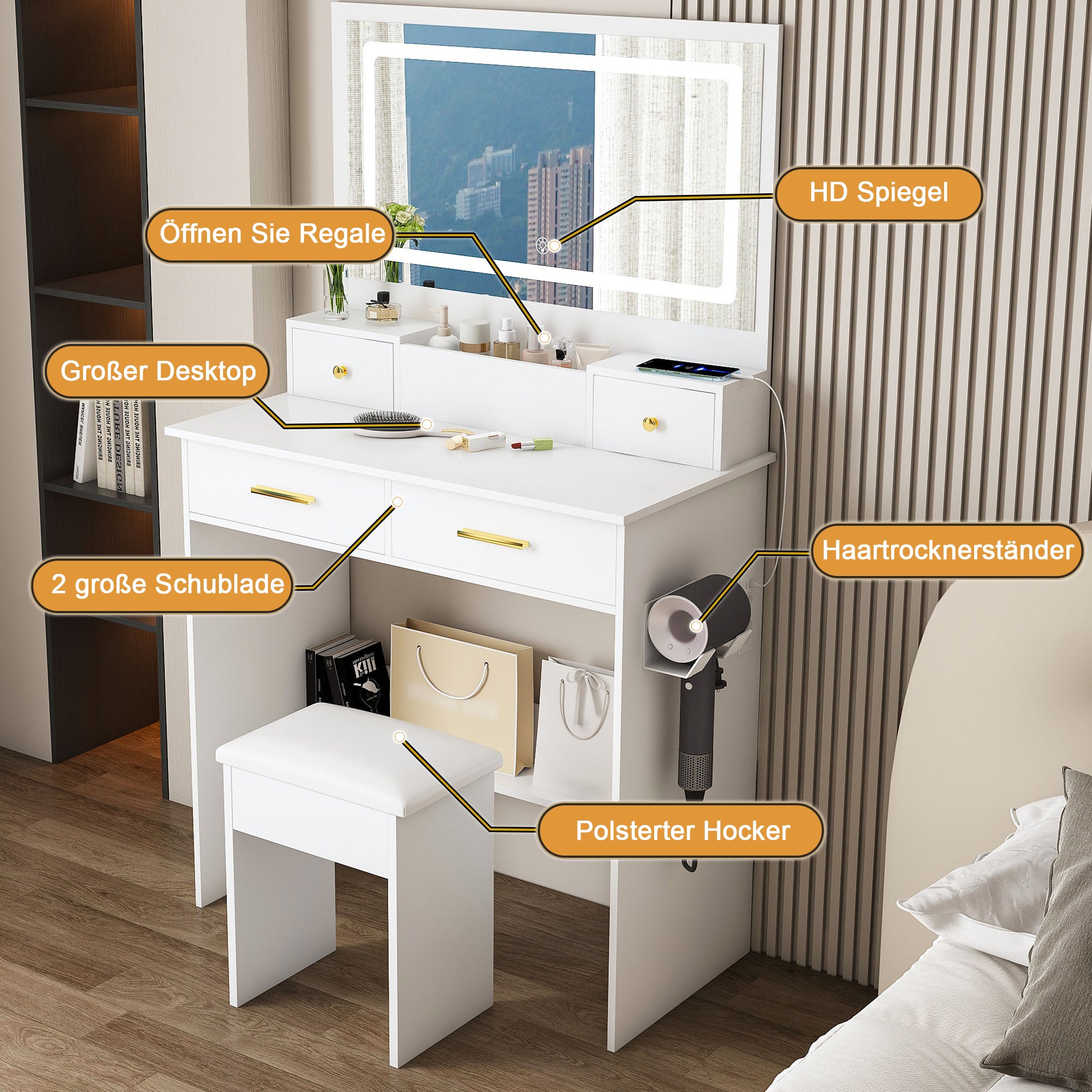Dressing Table with XXL Mirror, Stool, 4 Drawers, LED Light - White