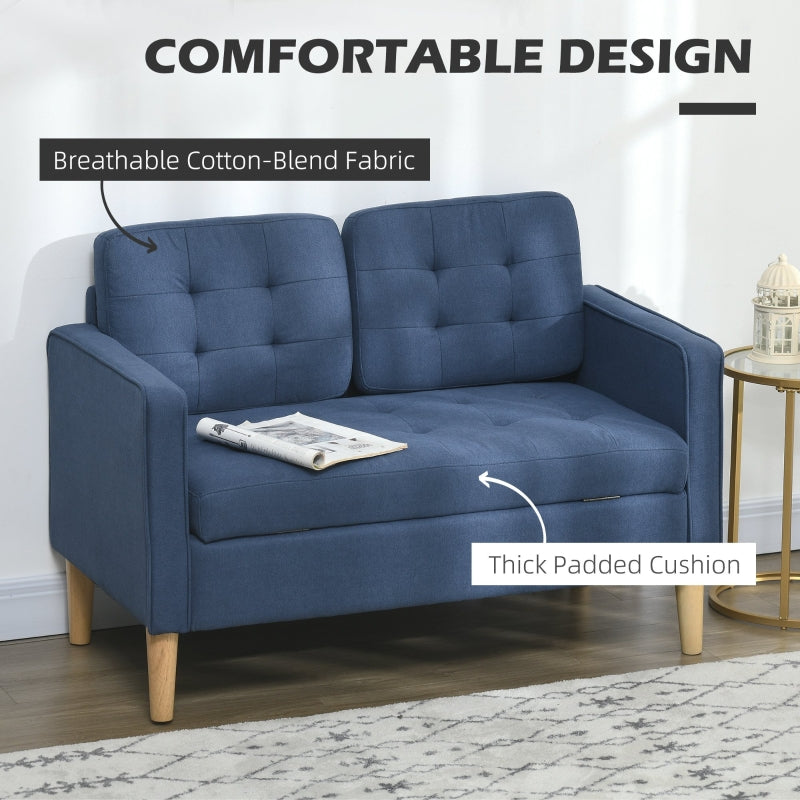 Modern Loveseat Sofa, Hidden Storage 2 Seater, Blue Cotton