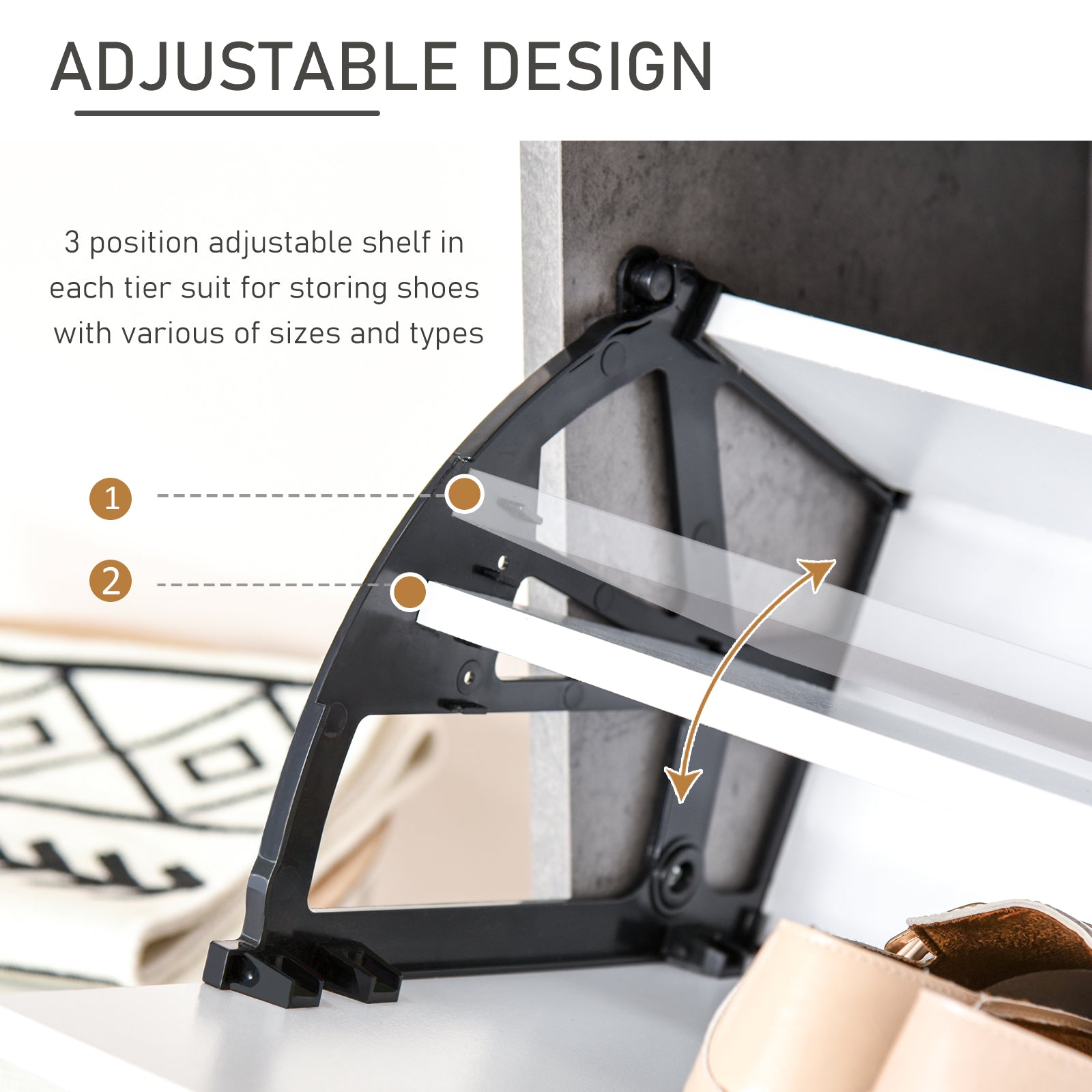 Two Drawer Shoe Cabinet with Adjustable Shelves and Groove Handles, Grey/White