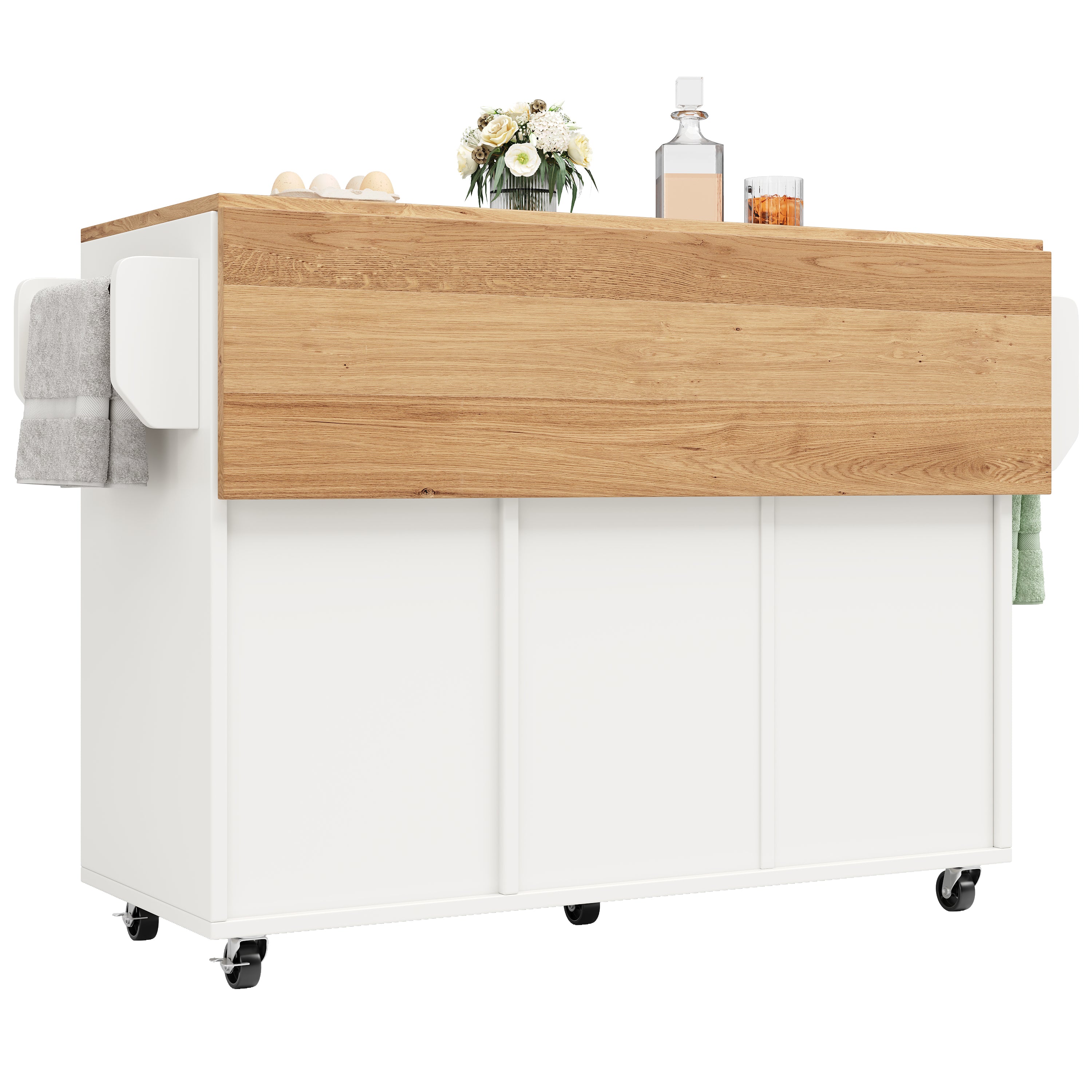 Kitchen Island Sideboard Multifunctional Dining Table Storage Wood Grain - White