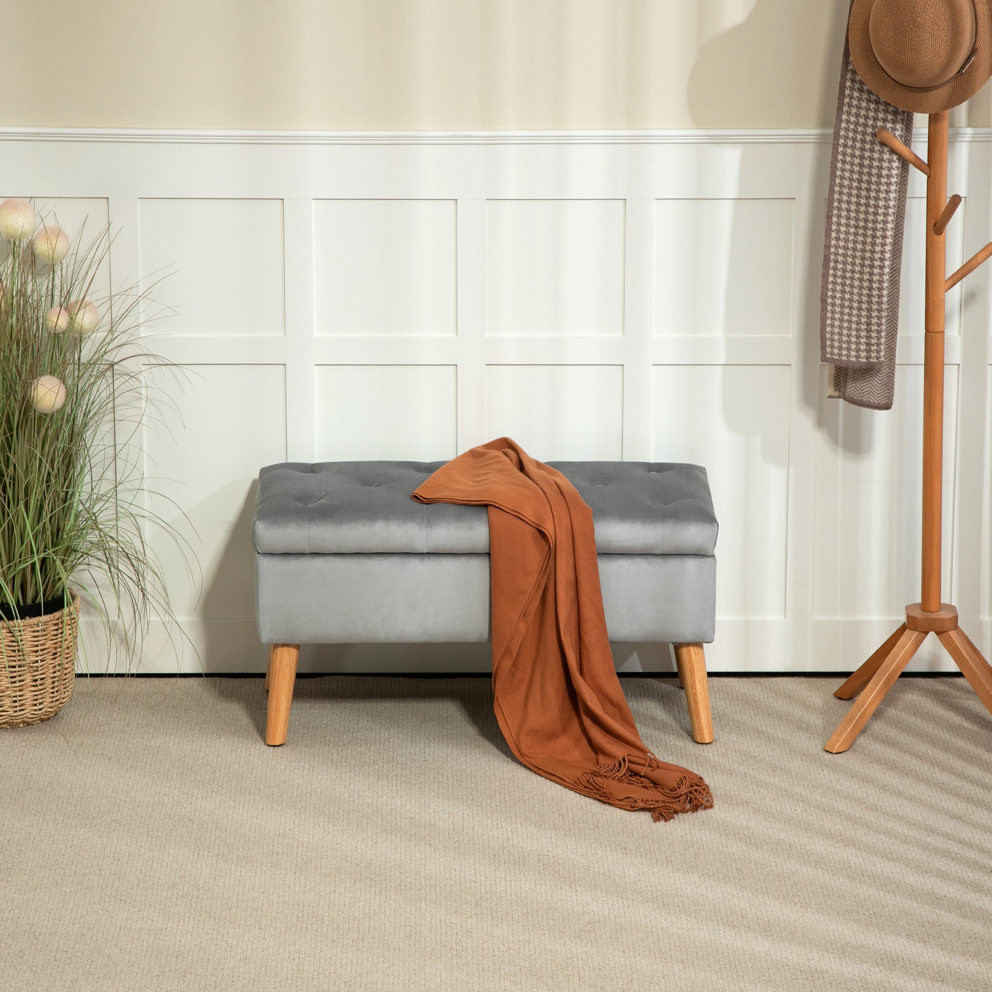 Storage Bench, Upholstered Velvet Look Bed Bench with Lid, Rubberwood Grey