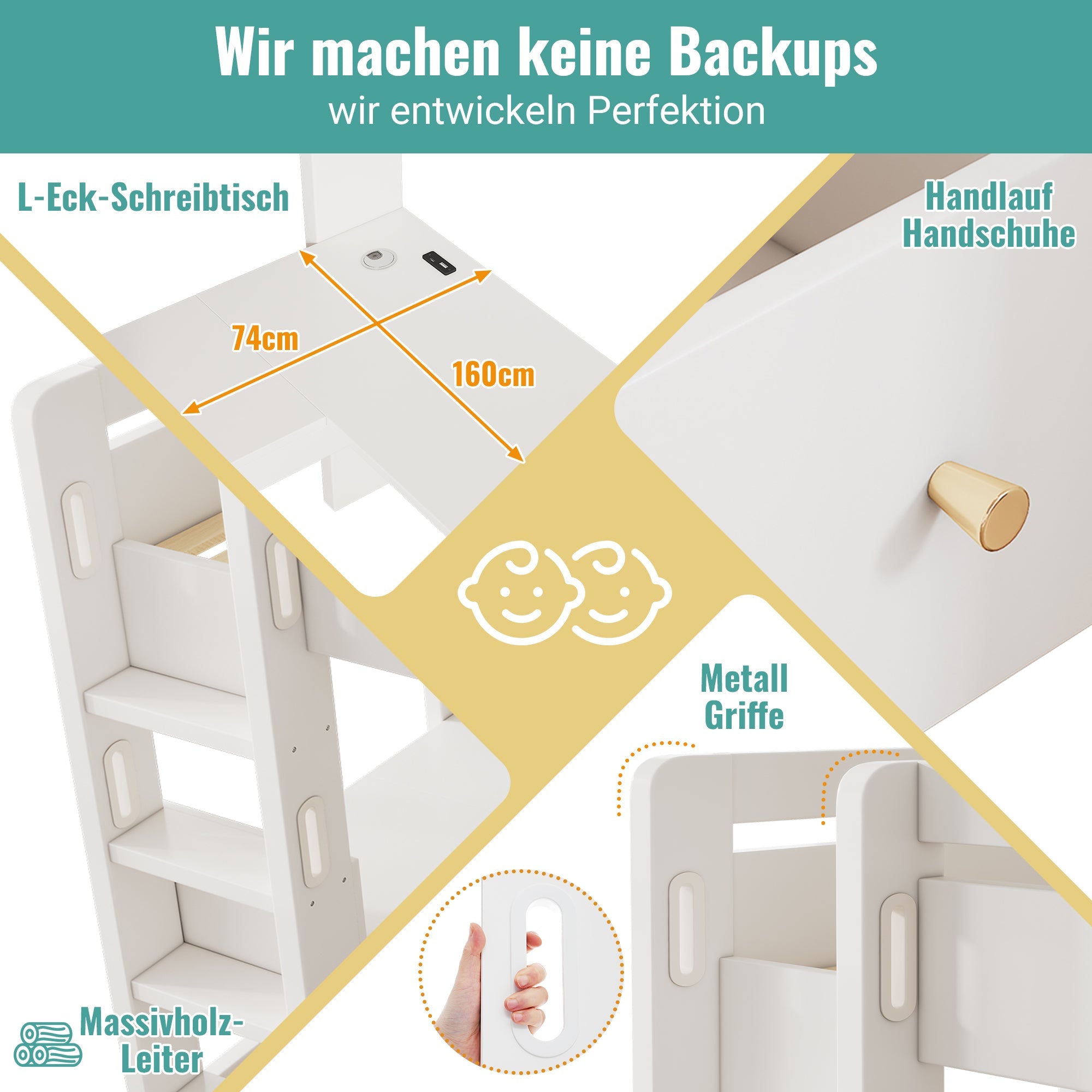 Children's Loft Bed with L-shaped Desk, Shelves, Drawers, USB/Type-C Charging Area, White