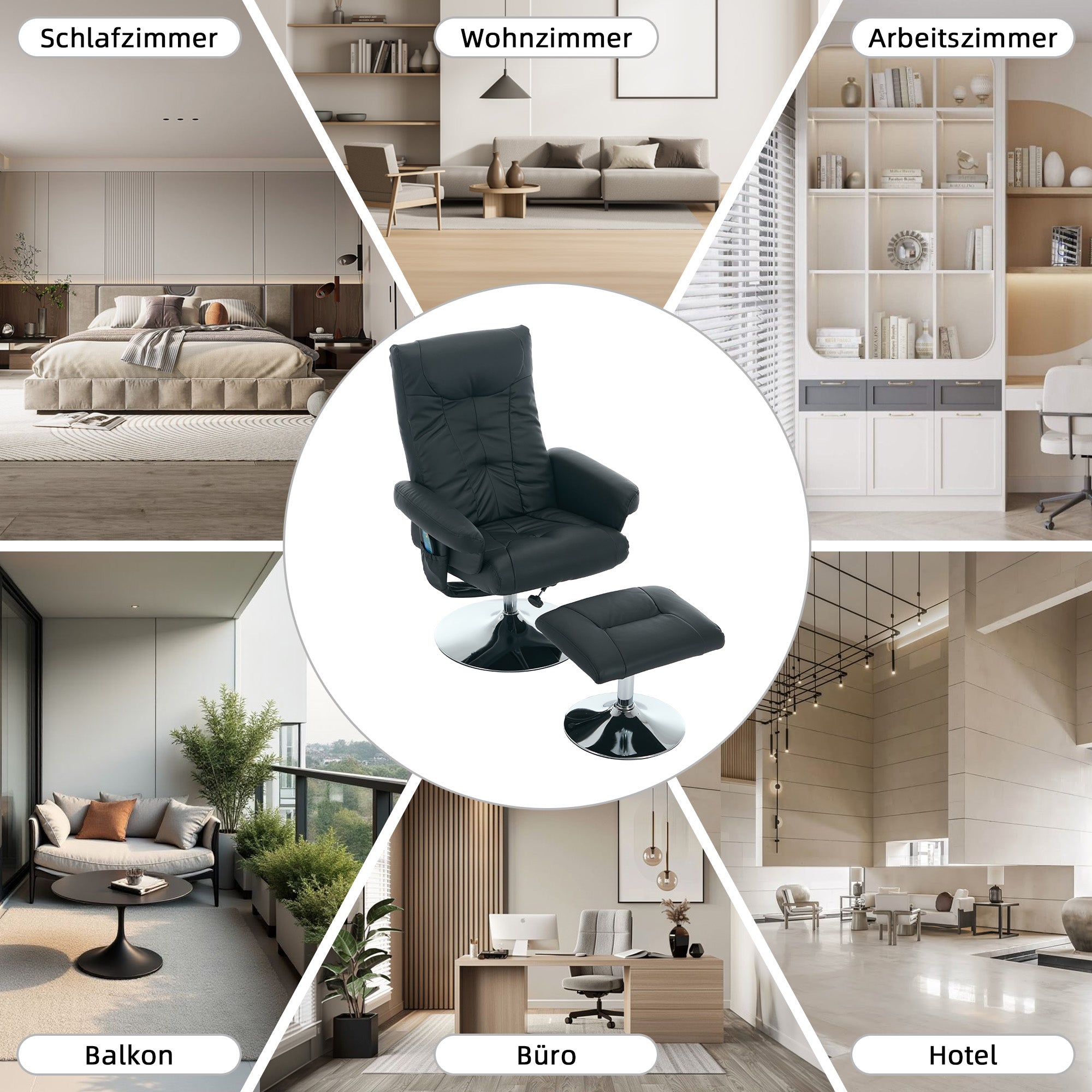 024 Recliner Chair, 5-Point Massage, Electric Heat & Footstool, 360° Swivel, Black PU Fabric