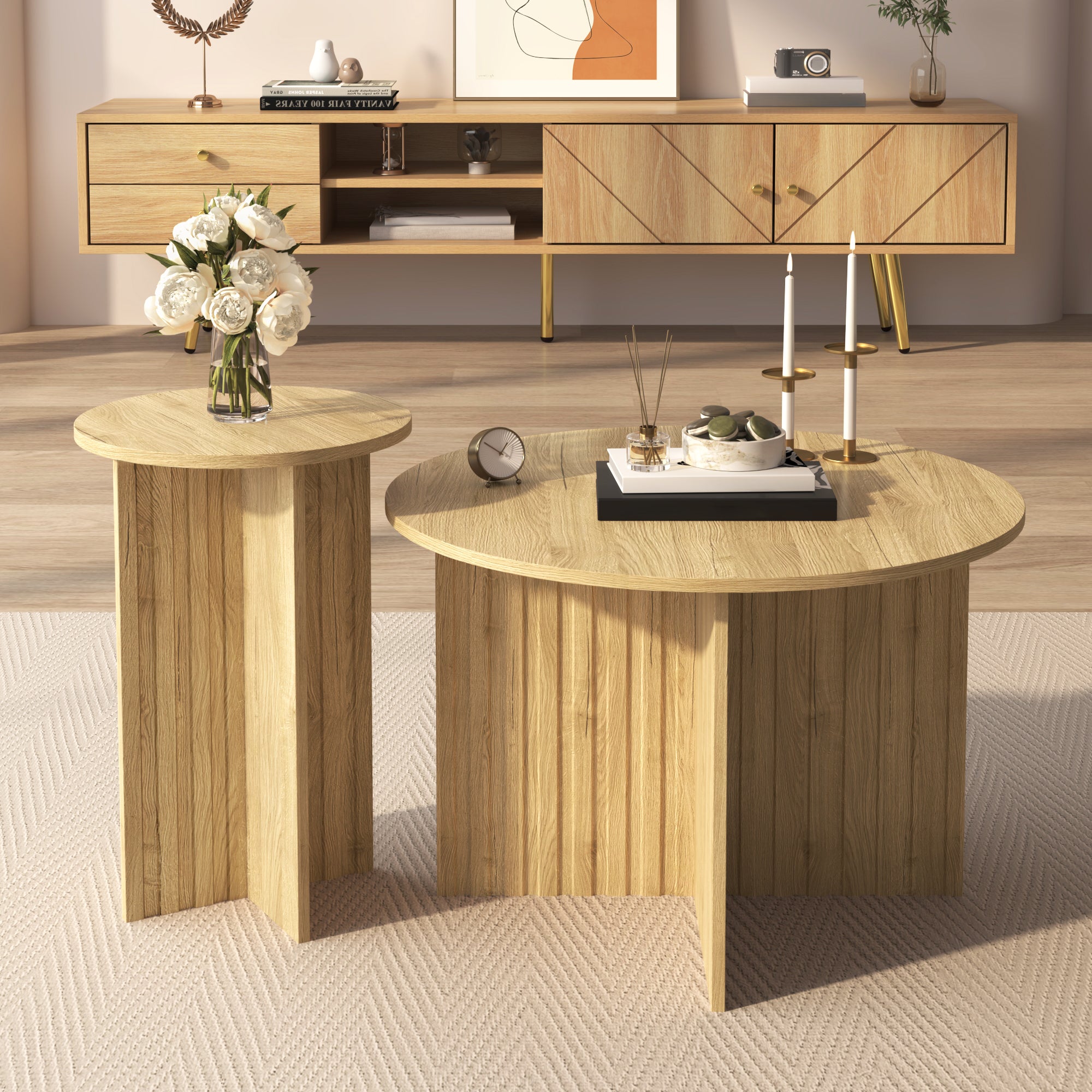 Modern Nesting Tables - 2-Piece Round Coffee Tables, Space-Saving Scandinavian Design, MDF/PB Construction