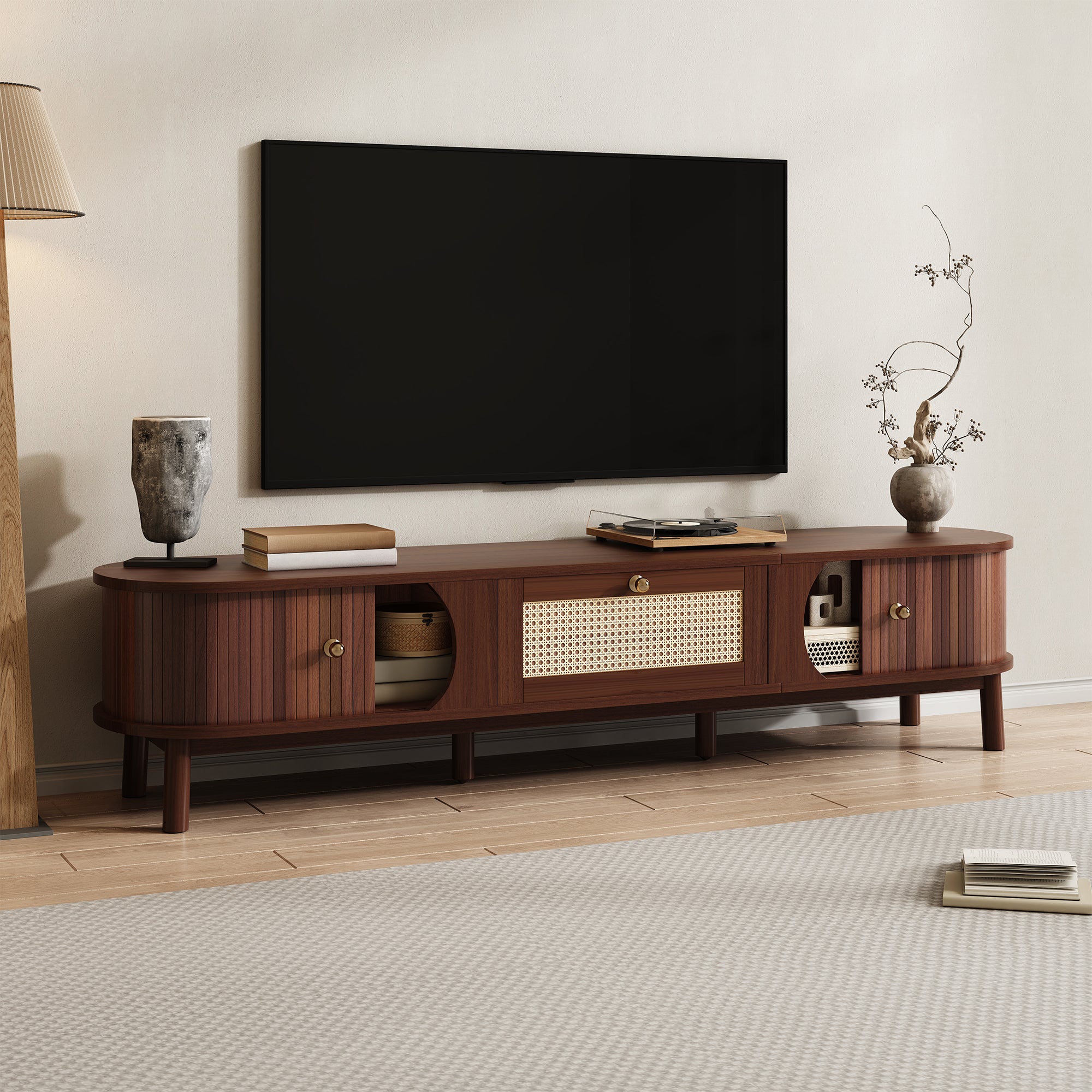 TV Cabinet Natural Wood Doors Rattan Drawers Rustic Storage