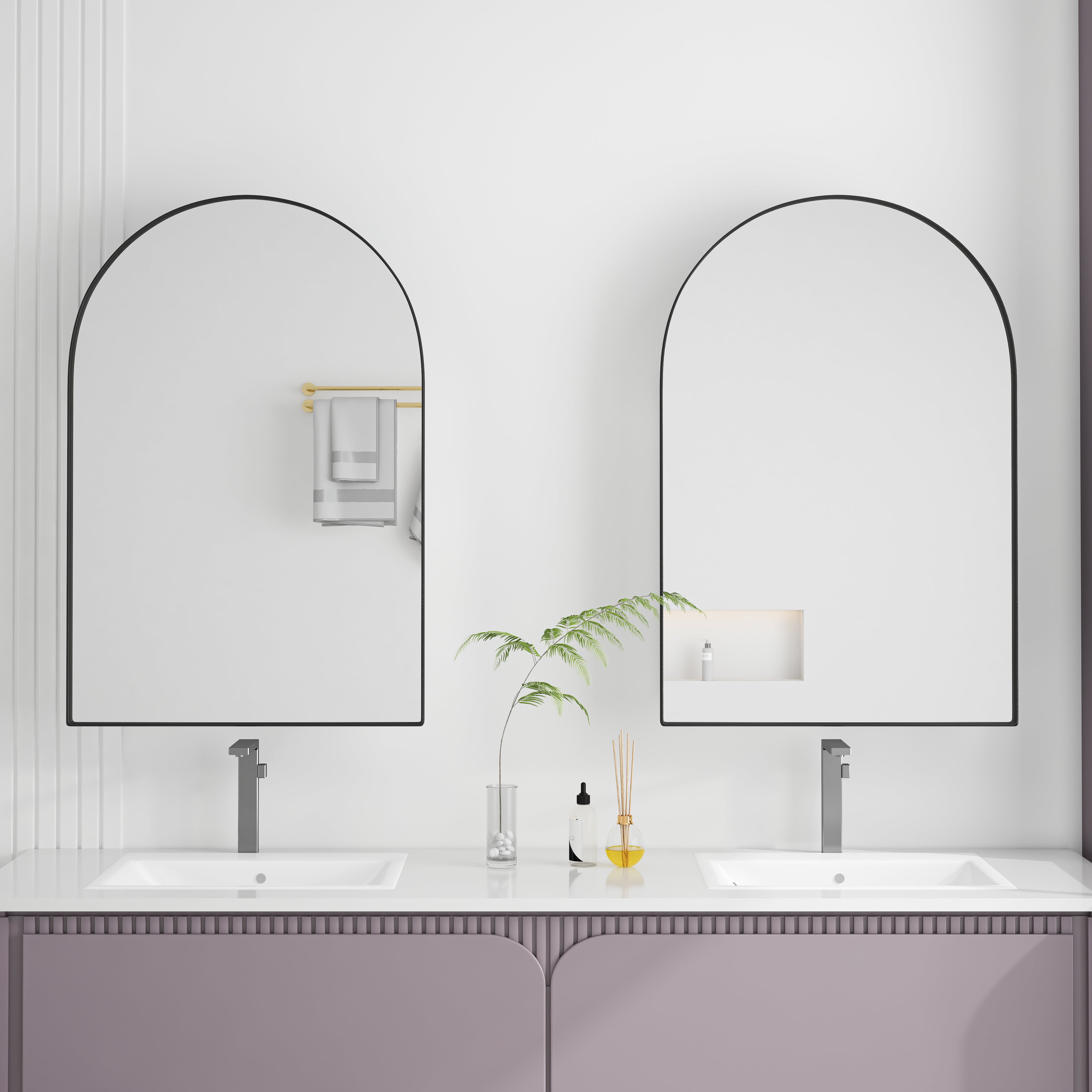 Arched Mirror Cabinet, Recessed Medicine Wall Storage, Black Metal Framed