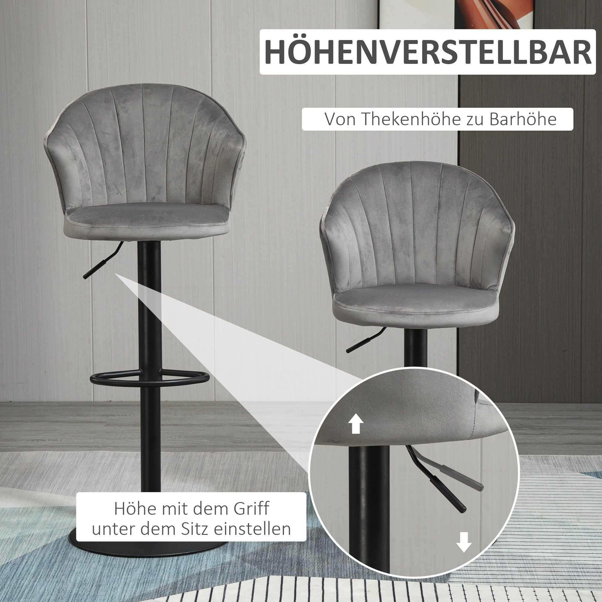 Set of 2 Bar Stools, Swivel Height-Adjustable with Backrest, Velvet Grey