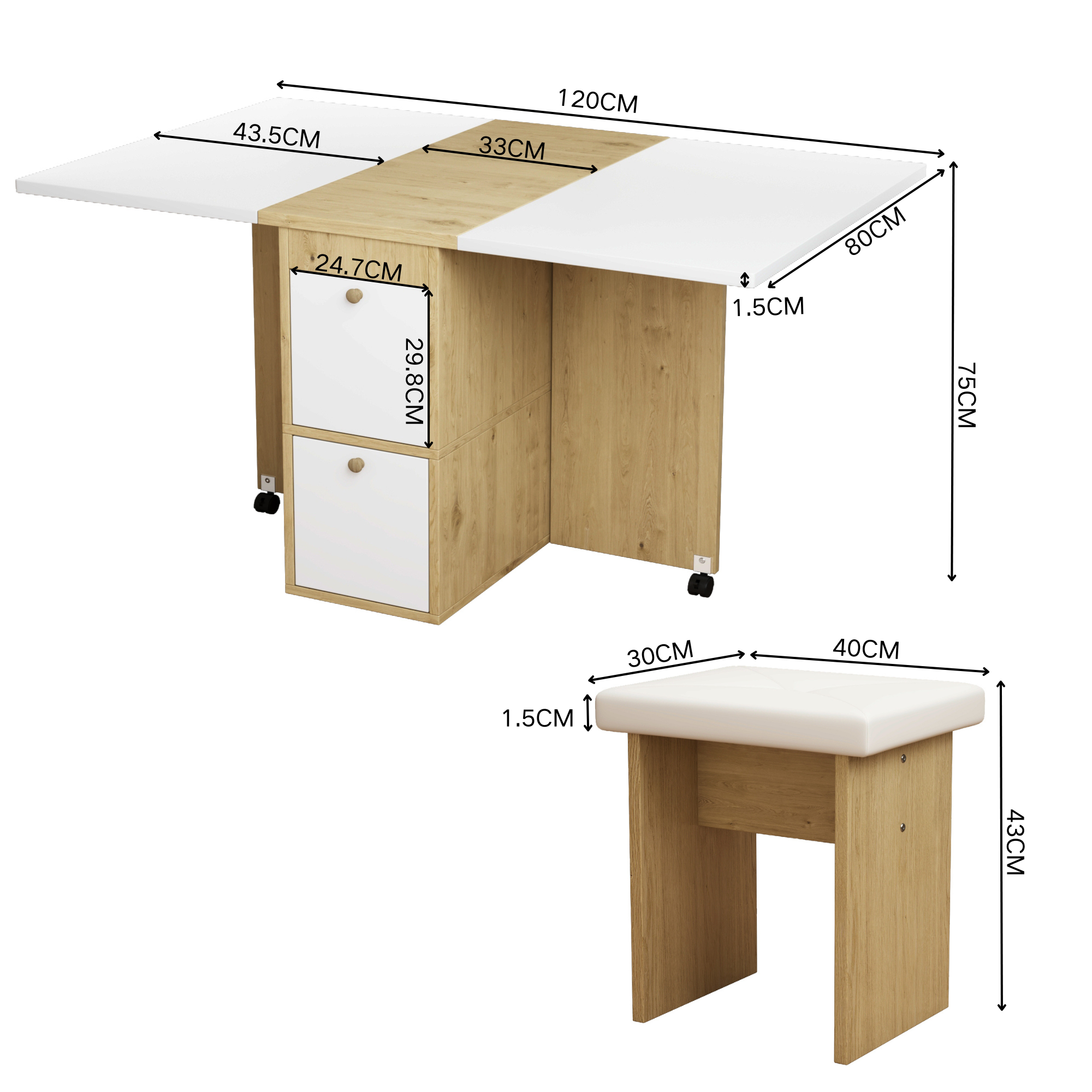 Dining Table Set, Folding & Extendable with 4 Chairs, 120x80x75cm, White + Oak