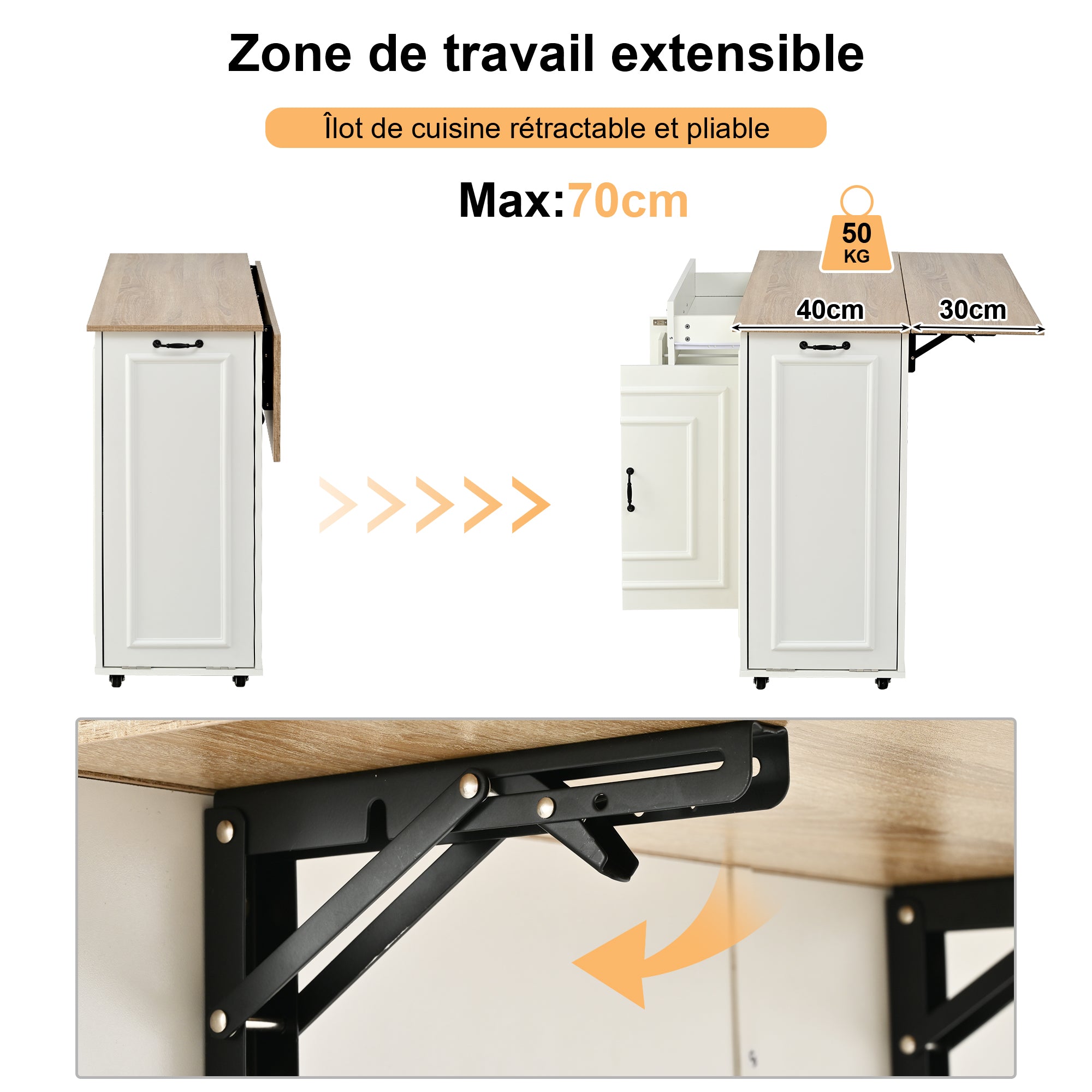 Kitchen Island with Power Outlet, Storage & Work Surface - White