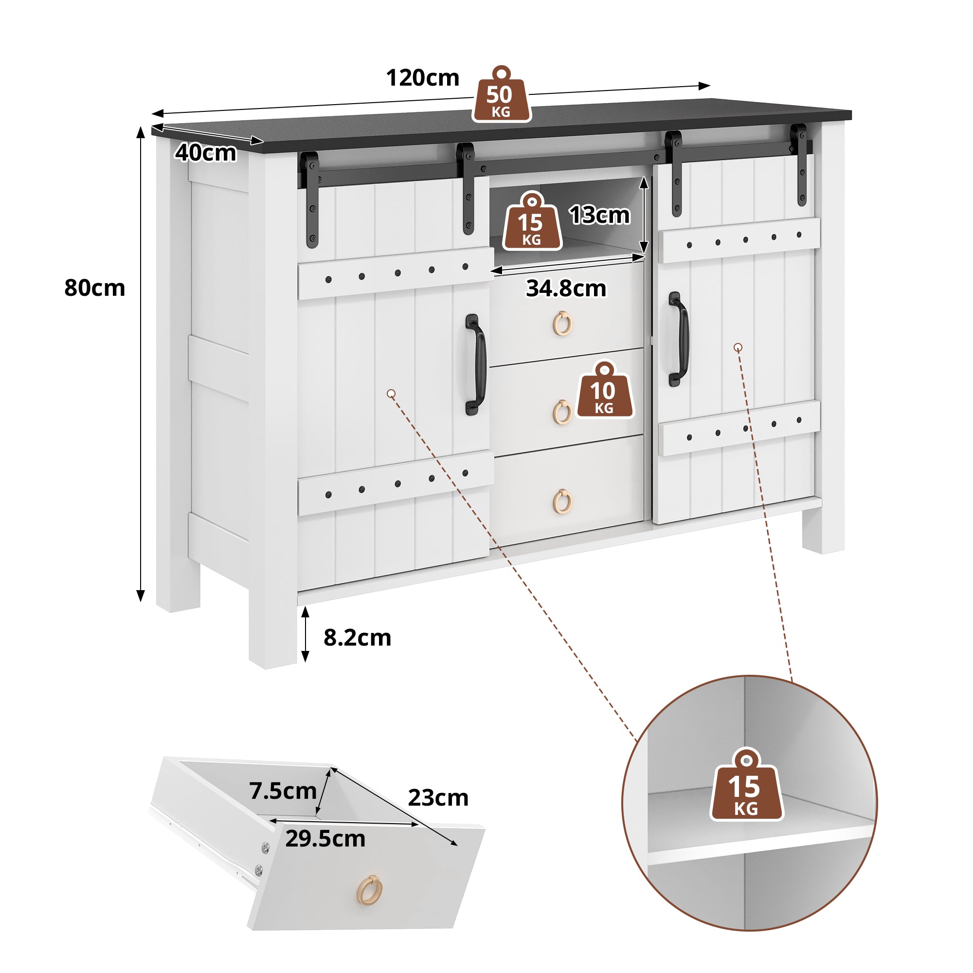 Sideboard Buffet 120cm Sliding Doors 3 Drawers - Rustic White