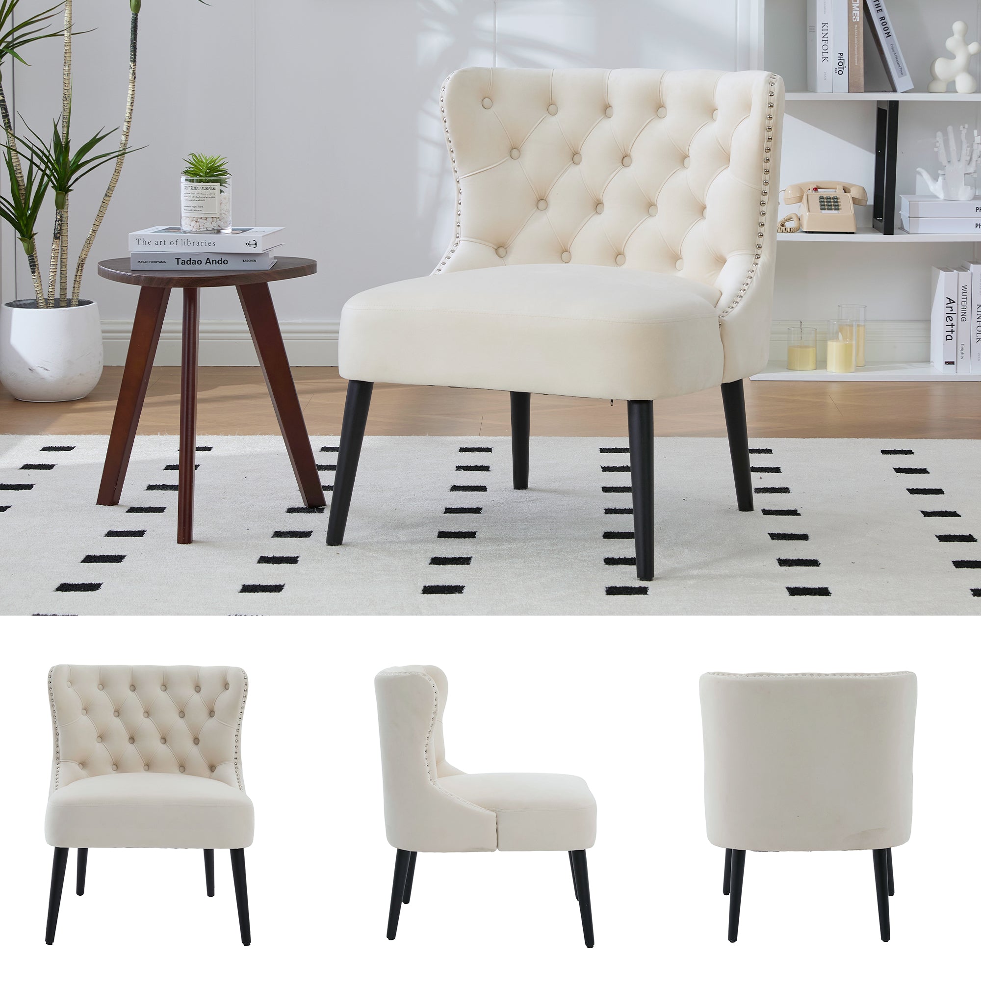 Single Sofa Chair, Velvet Button-Front Armless Studded Trim Solid Wood Legs, Velvet