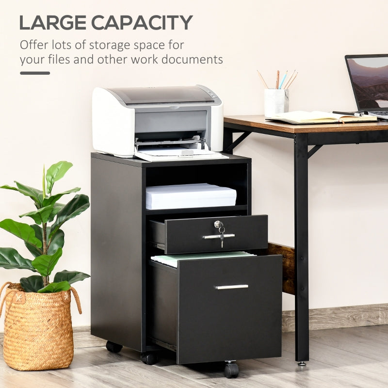Lockable Two-Drawer Filing Cabinet with Wheels, Black Engineered Wood