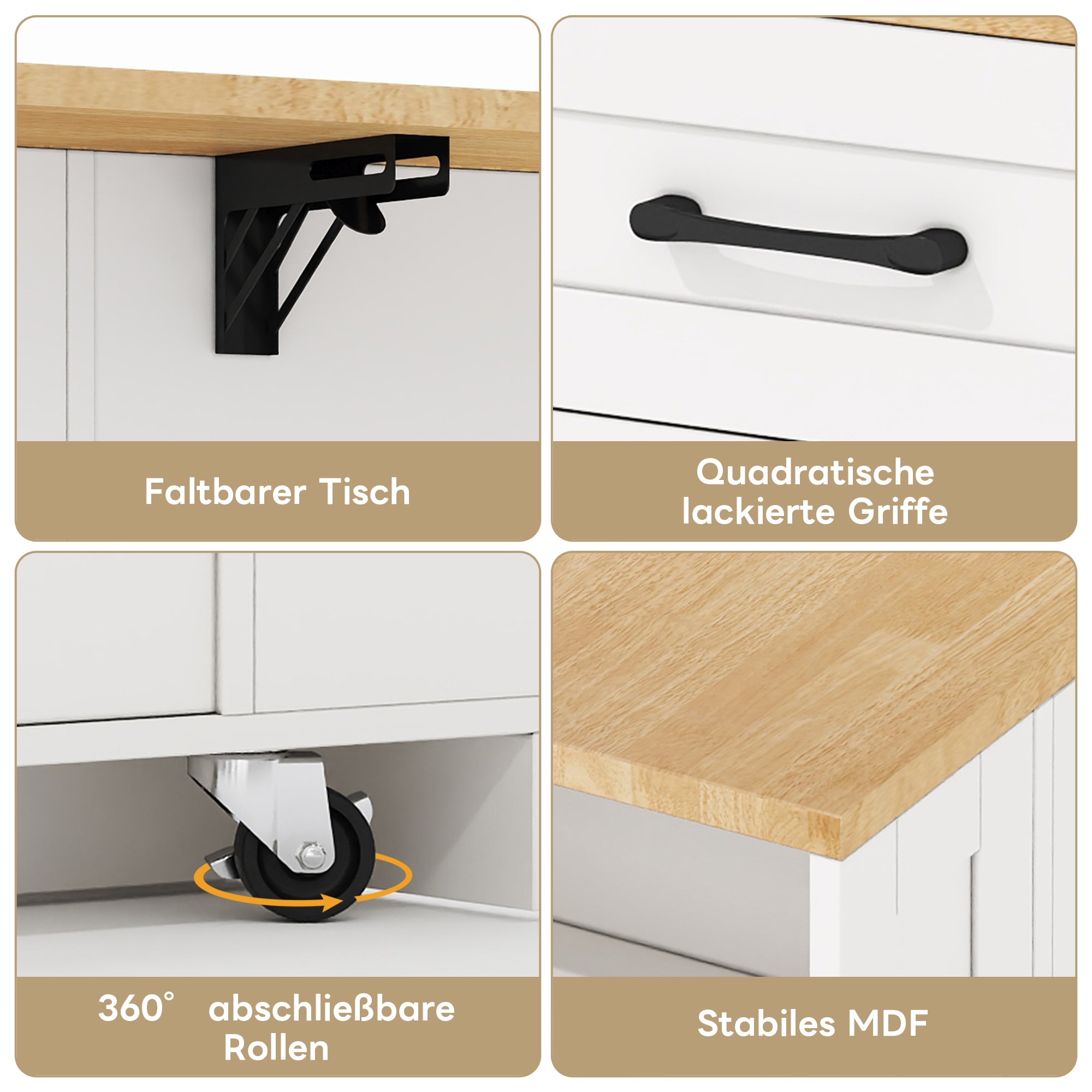 Portable Kitchen Island 120cm Folding Dining Table USB Charging Storage on Casters