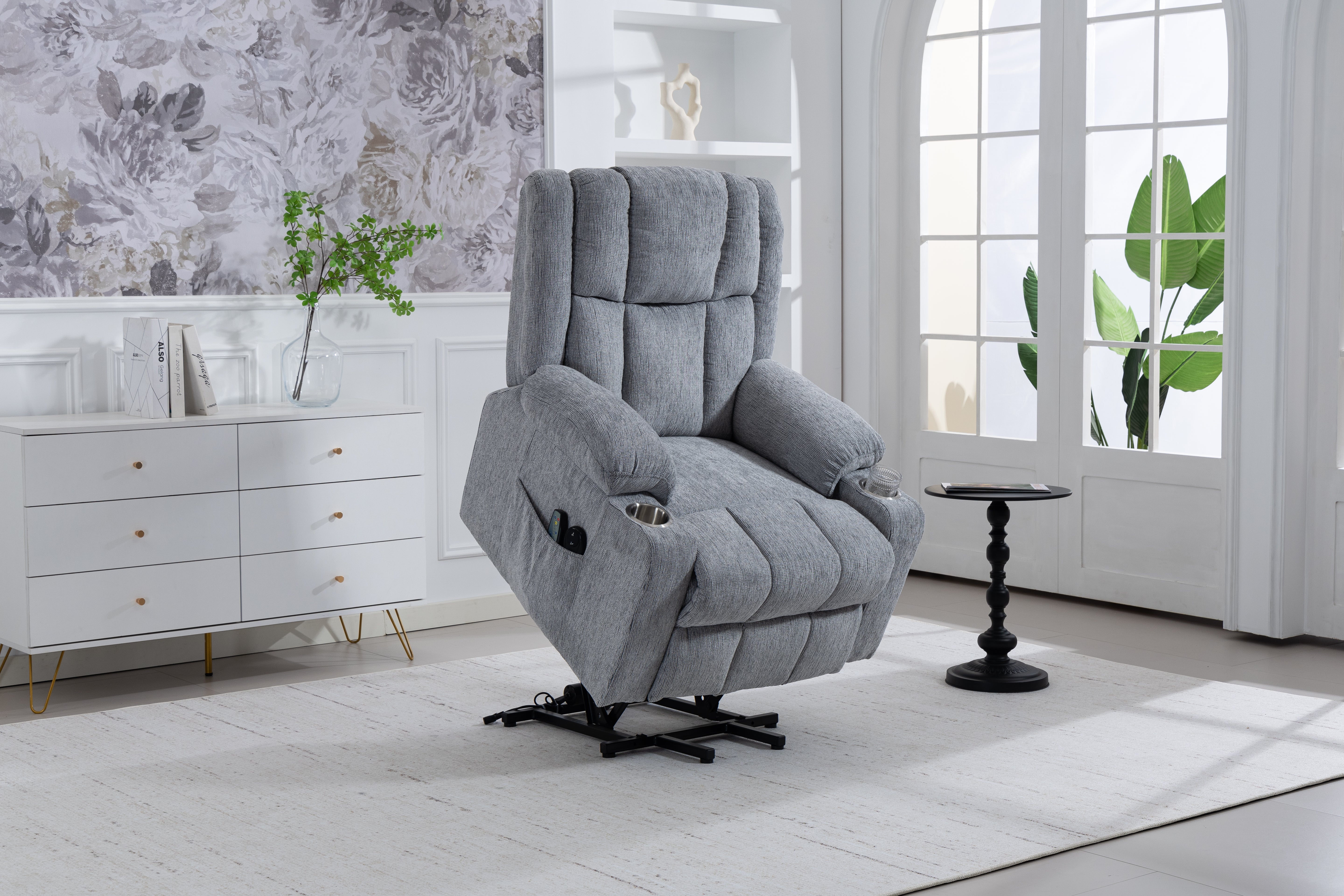 Electric Lift Recliner, Standing Aid, Massage Heat Function, Footrest Cup Holder Light Grey