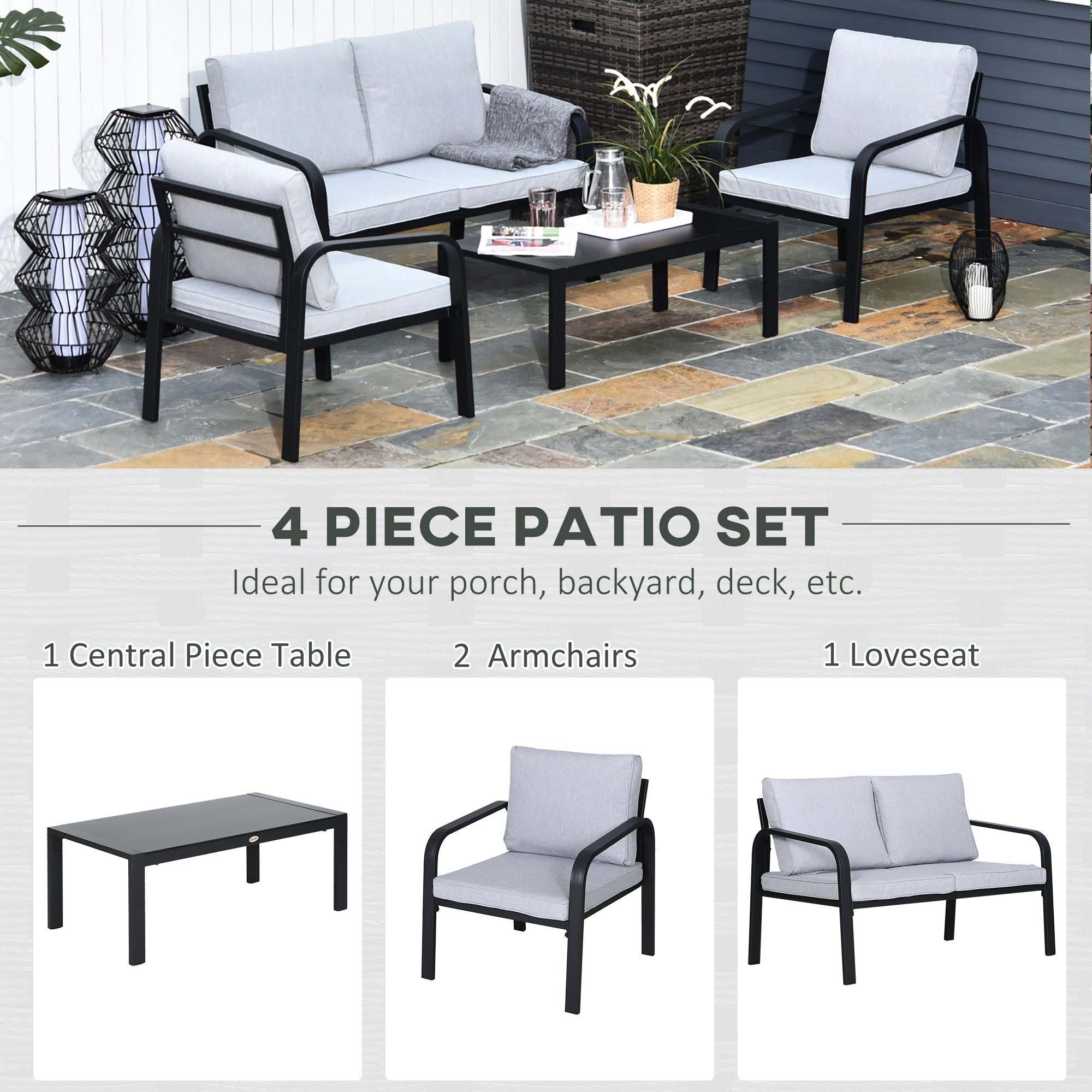 4pcs Garden Sofa Set 2 Armchairs 1 Bench 1 Coffee Table Aluminum Frame Black