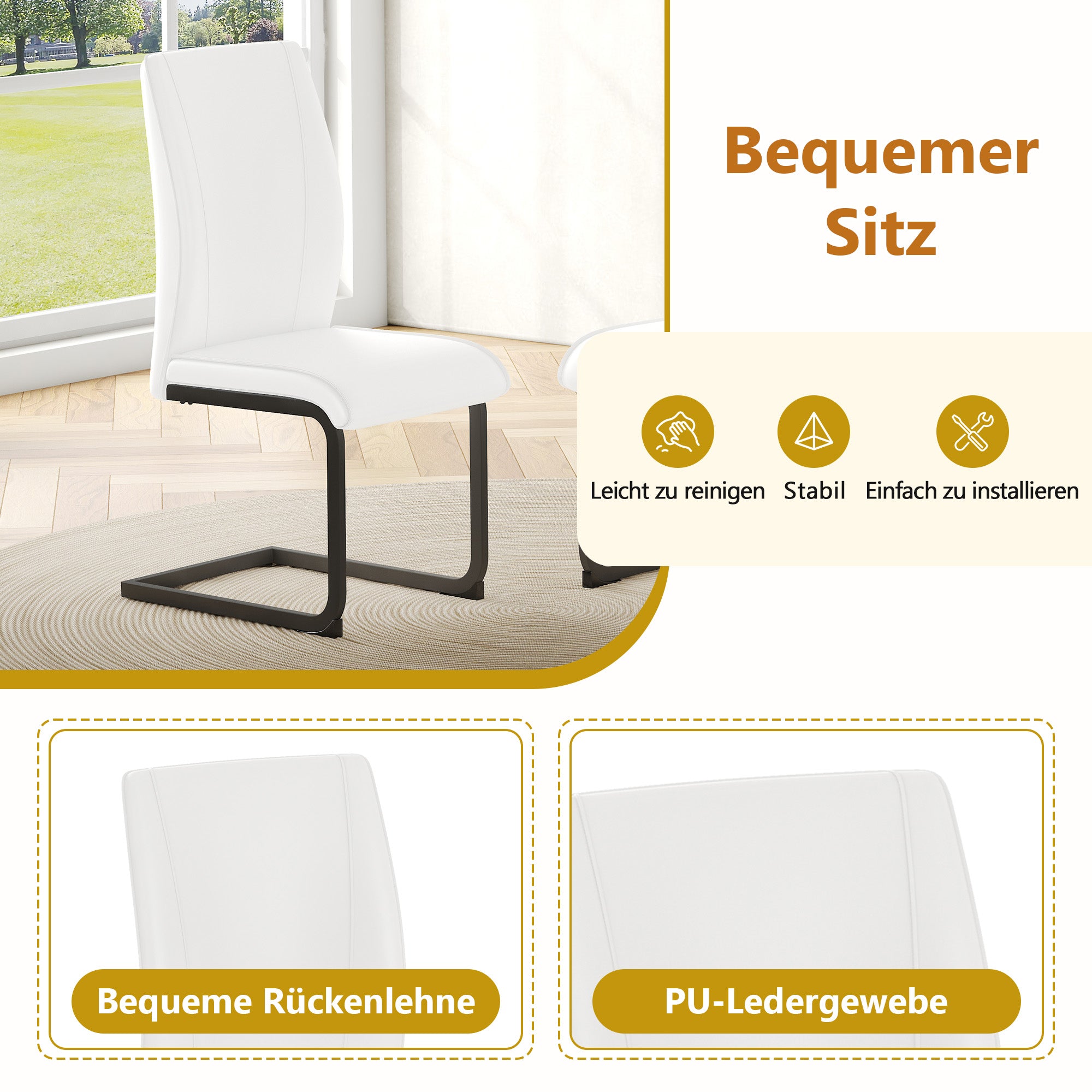 Table Set, Rectangular Dining Table with Storage Shelf and 4 Armchairs, White Faux Leather
