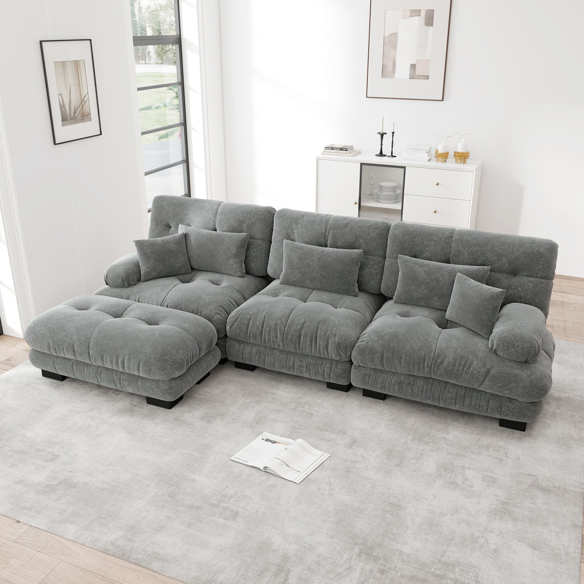 Luxury Modular Corner Sofa - Oversized L-shaped Cloud Couch with Ottoman, Chenille Grey