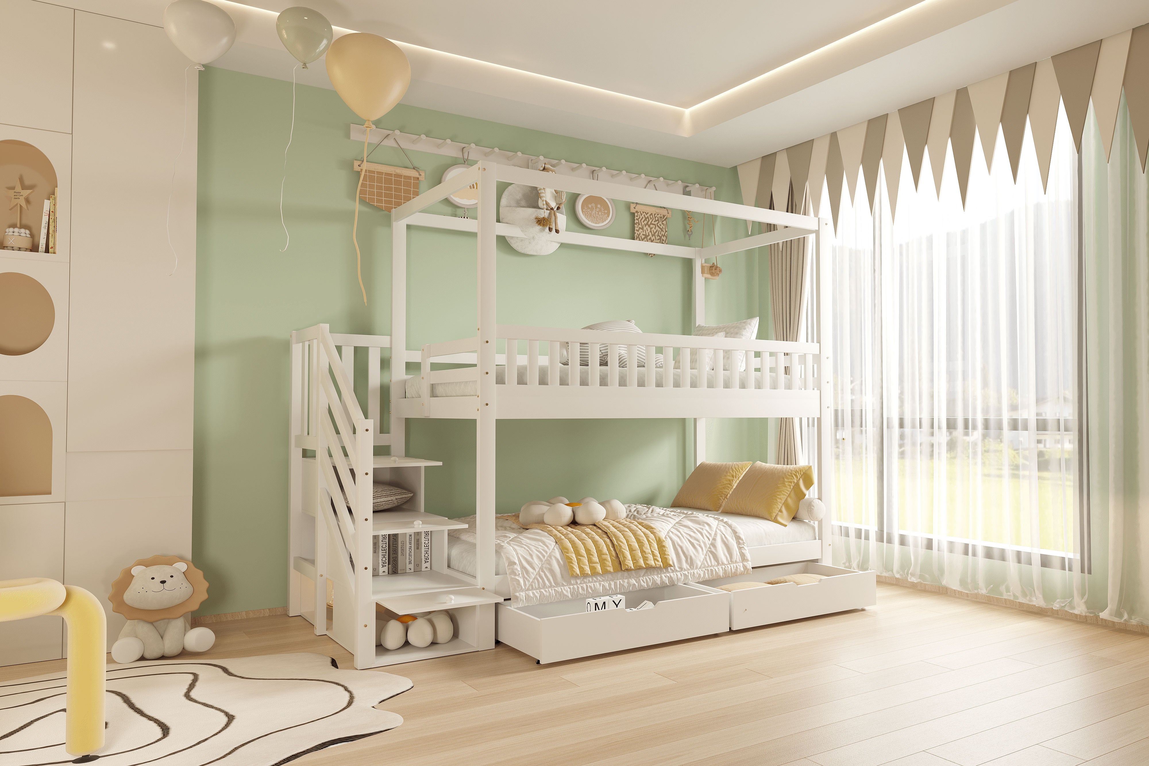 Bunk Bed, House-Shaped, Safety Railing, Storage, Solid Wood White