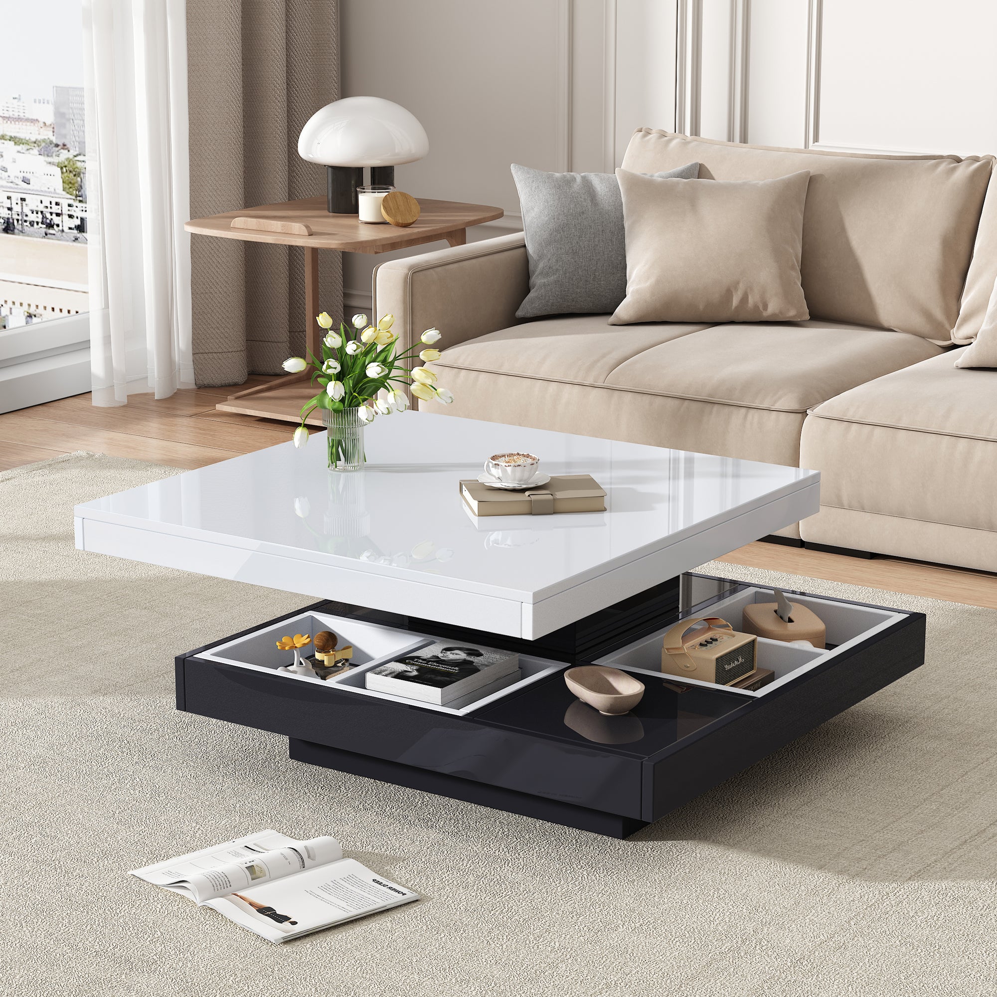 High-gloss tabletop coffee table, 360° rotatable, 2-tier with storage, white and black