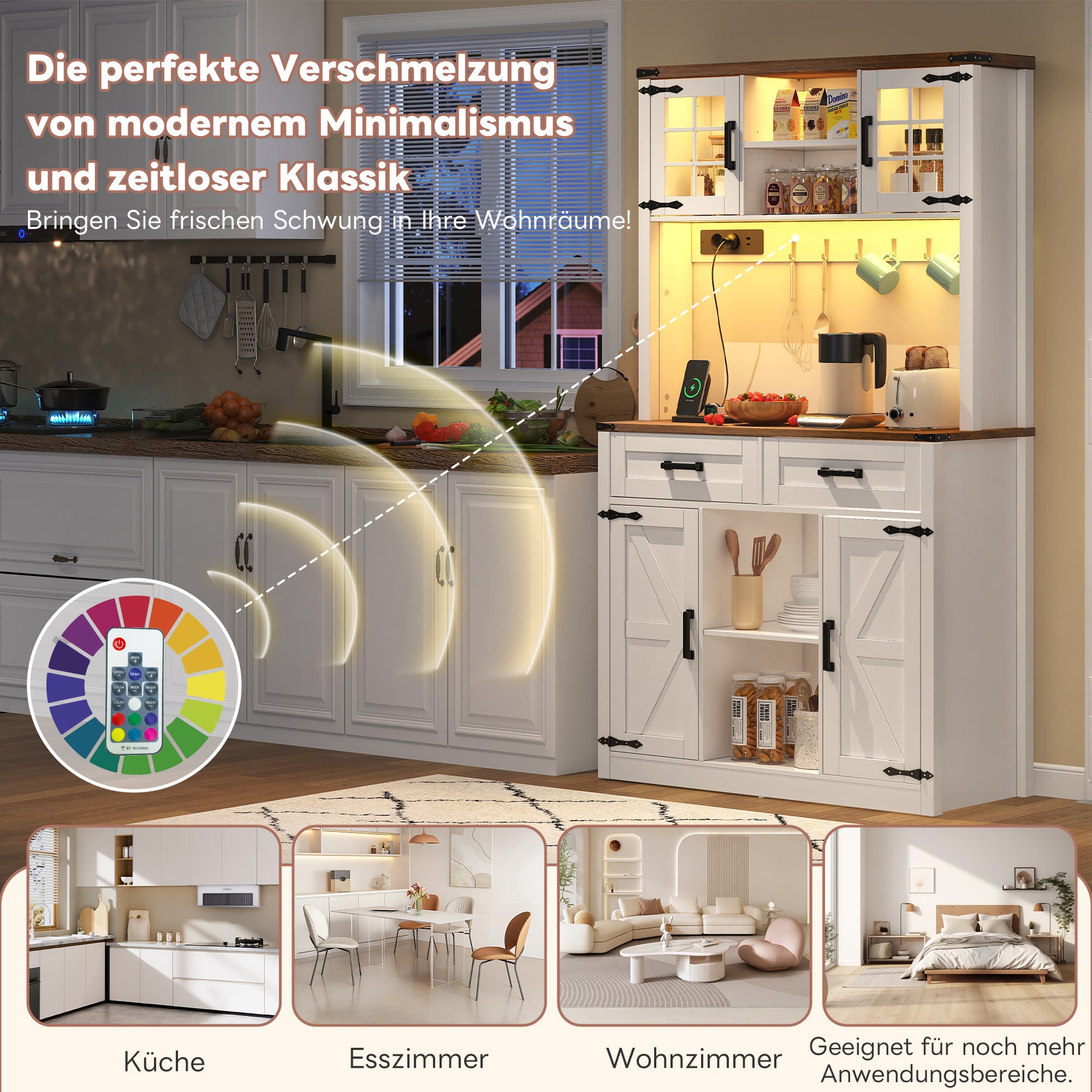 Bar Cabinet Buffet LED Sockets Barn Door 2 Drawers - White