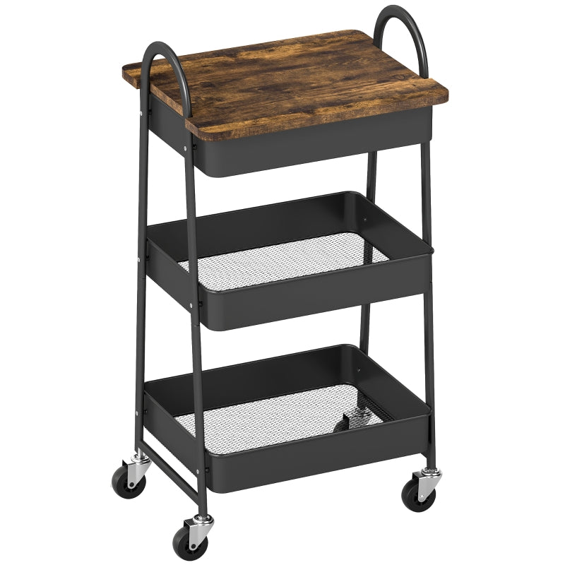 3-Tier Kitchen Storage Trolley with Wheels and Cover Top Board, Rustic Brown and Black