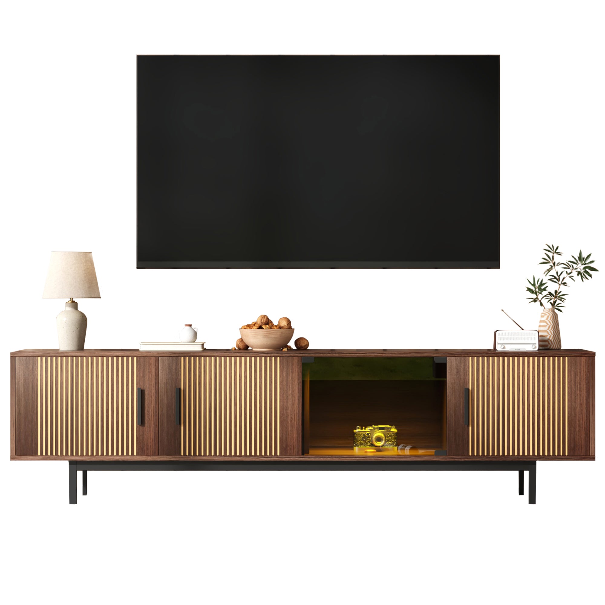 TV Cabinet Lowboard Carved Texture LED Light Tempered Glass