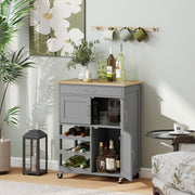 Modern Kitchen Trolley Rolling Island Storage Cart Drawer Wine Rack Rubberwood Grey