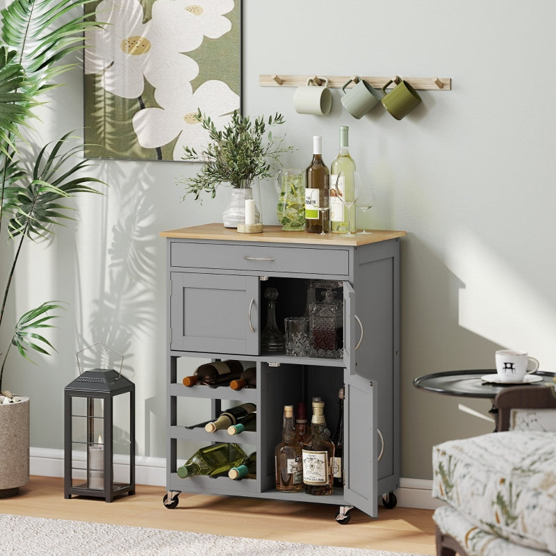 Modern Kitchen Trolley Rolling Island Storage Cart Drawer Wine Rack Rubberwood Grey