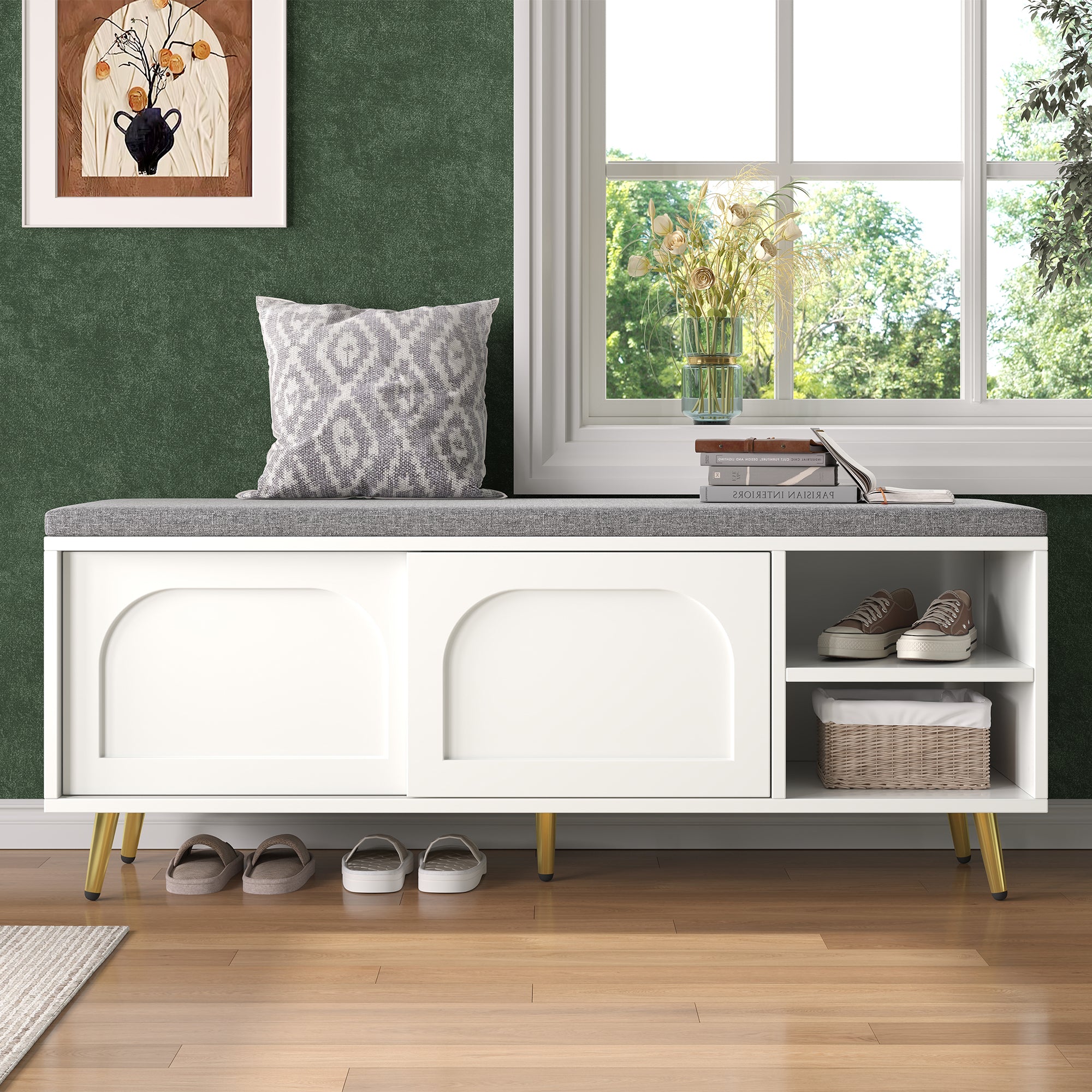Shoe Bench Storage with Seat Cushion - White