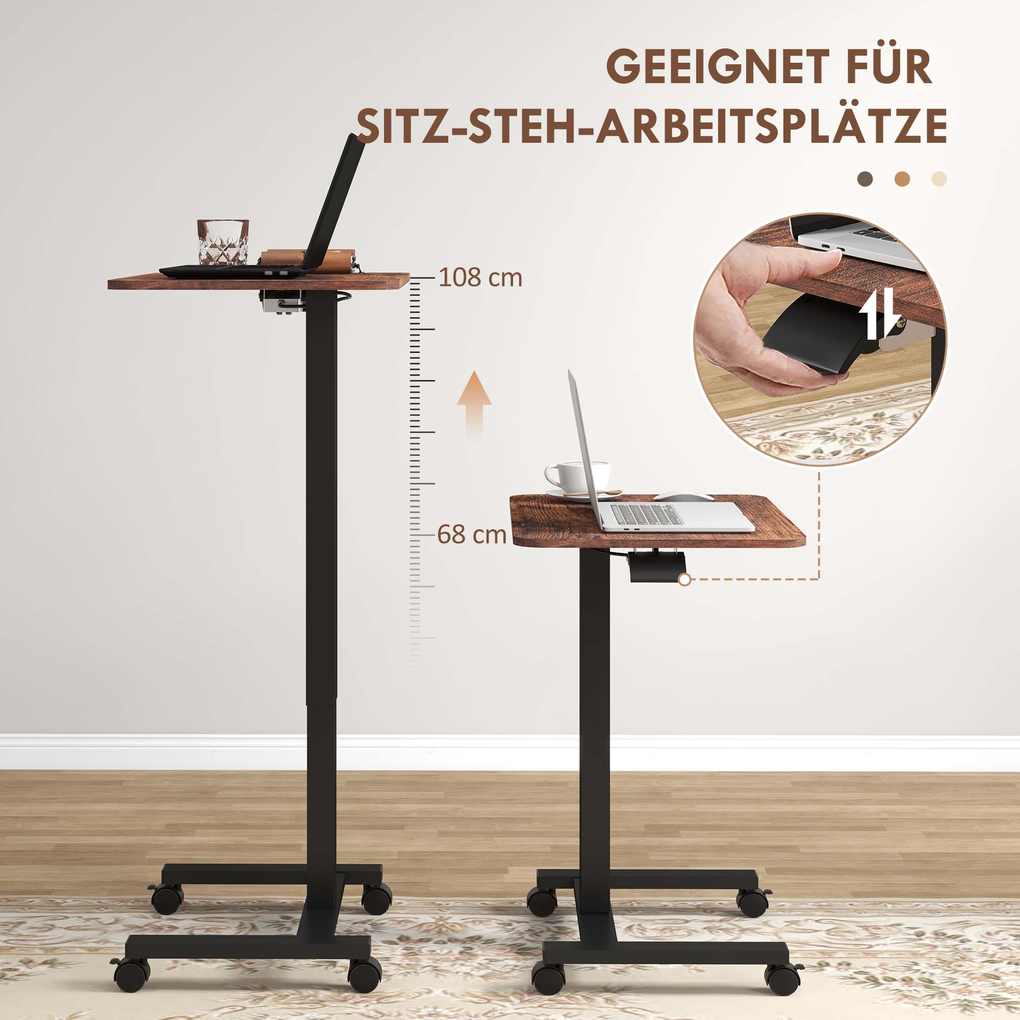 Height-Adjustable Laptop Table, 4 Casters, Hand Crank, Rustic Brown Chipboard