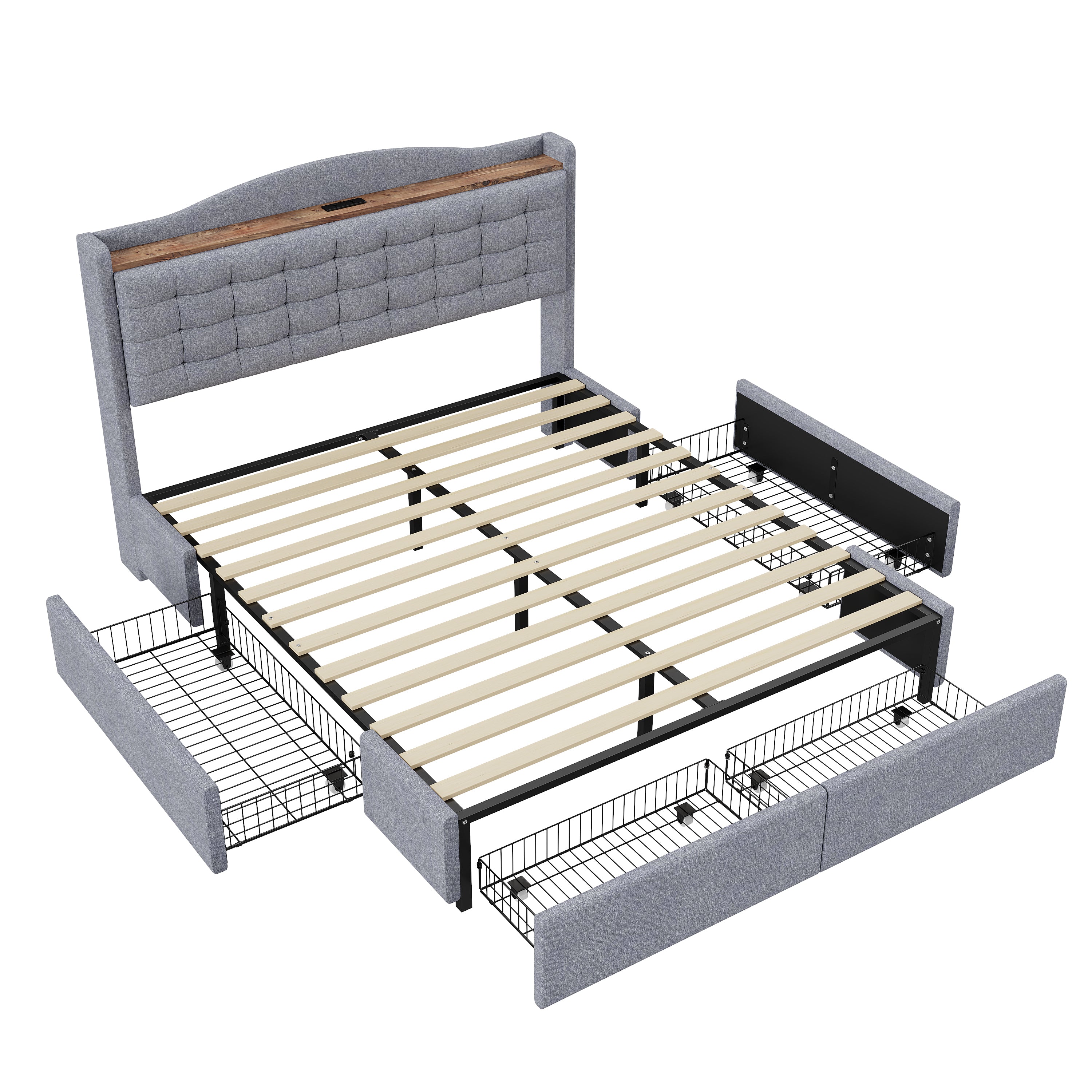Upholstered Bed 160x200cm, USB Charging, 4-Drawer, Linen Fabric Gray