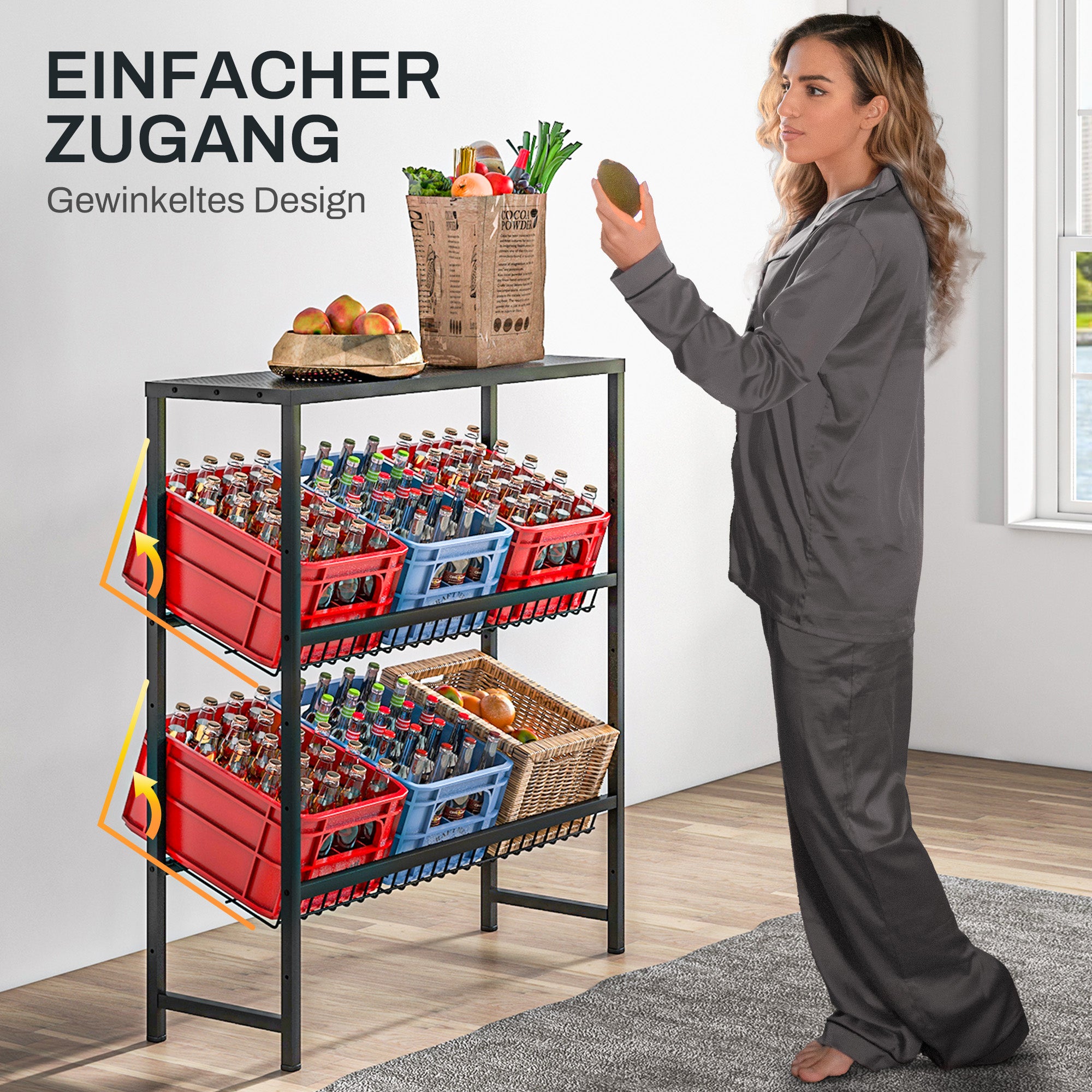 Freestanding beverage crate rack 6 crates adjustable shelf height 3 levels non-slip black steel