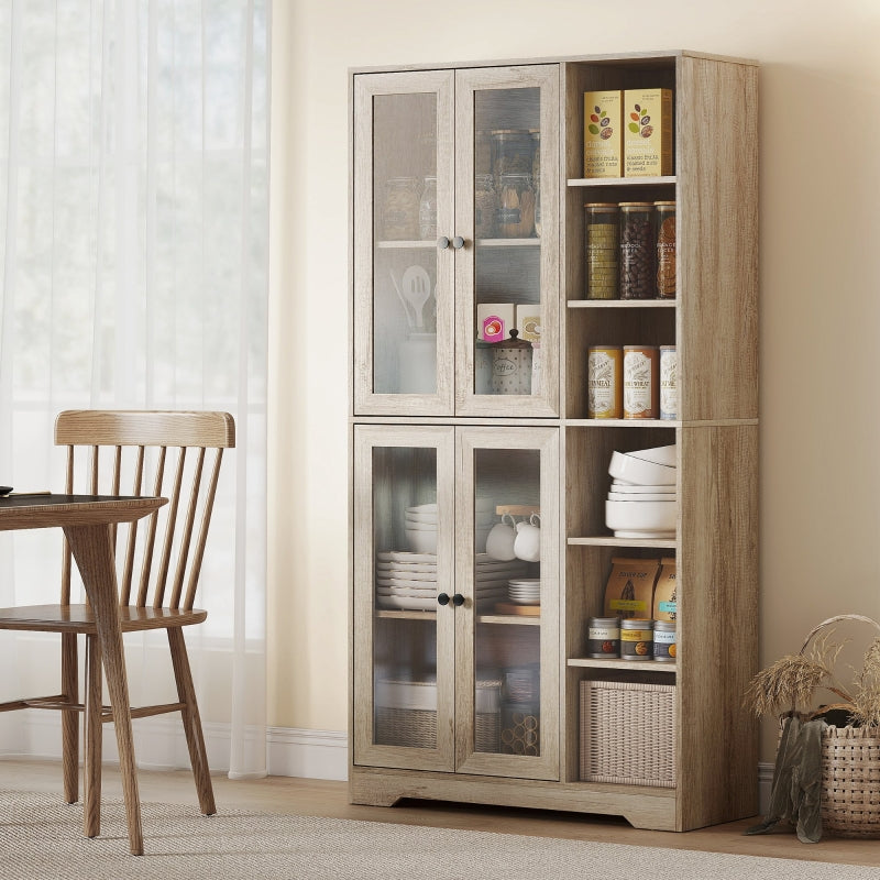 Multi-Storage Kitchen Cabinet with Glass Doors, Grey Wood-Effect