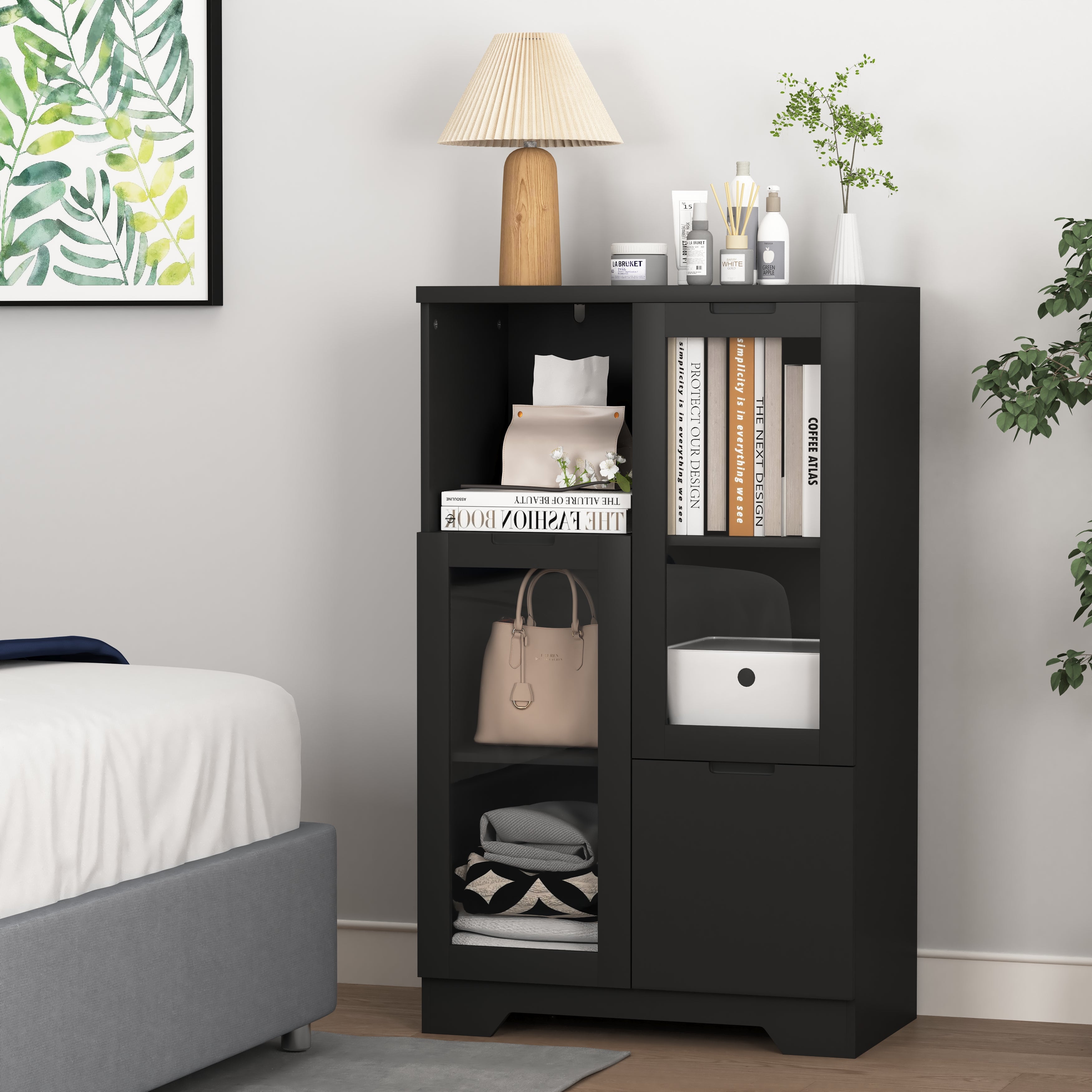 MDF Cabinet Glass Doors Drawer Open Storage - Black