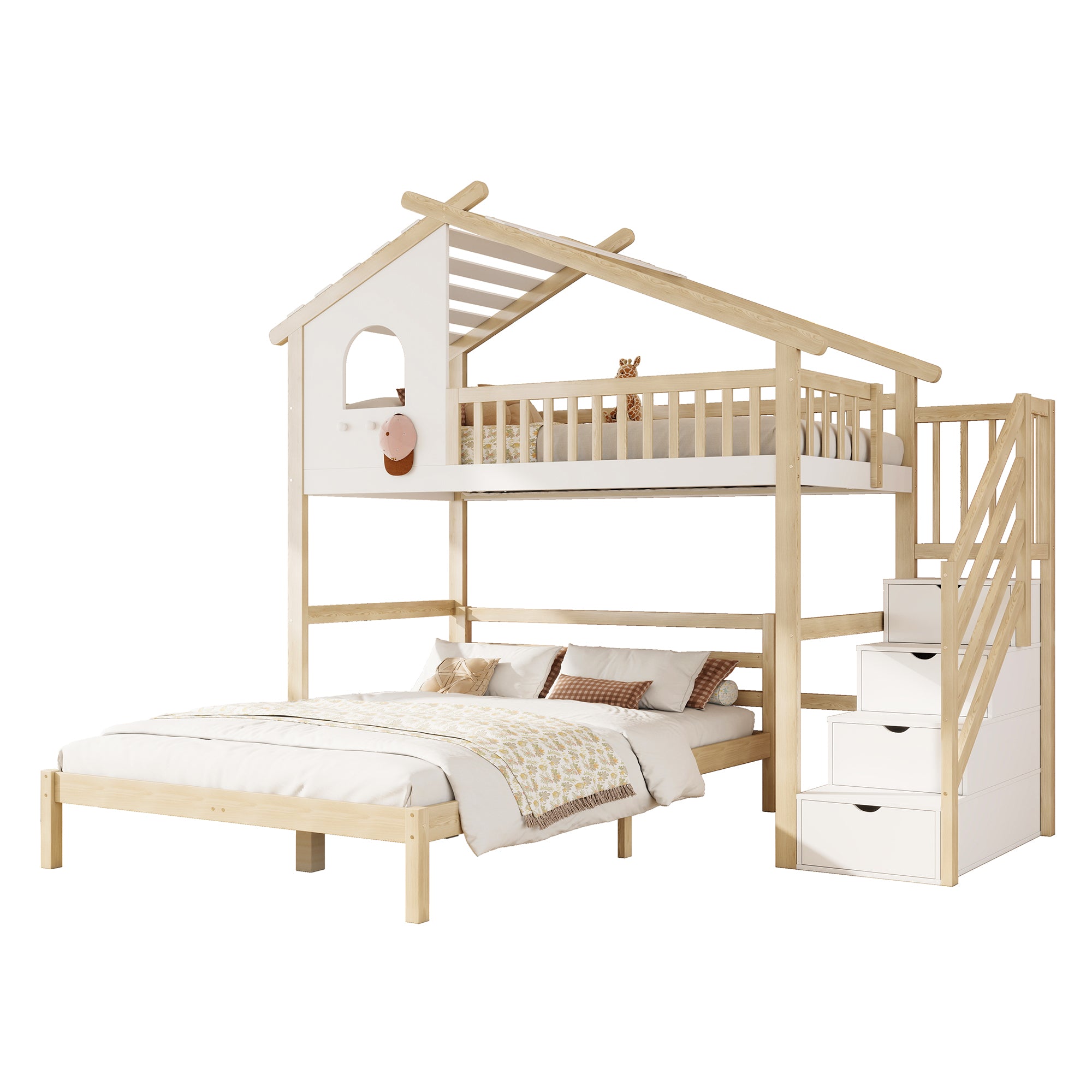 Bunk Bed with Storage Ladder, Bed Rail & Window, White + Natural