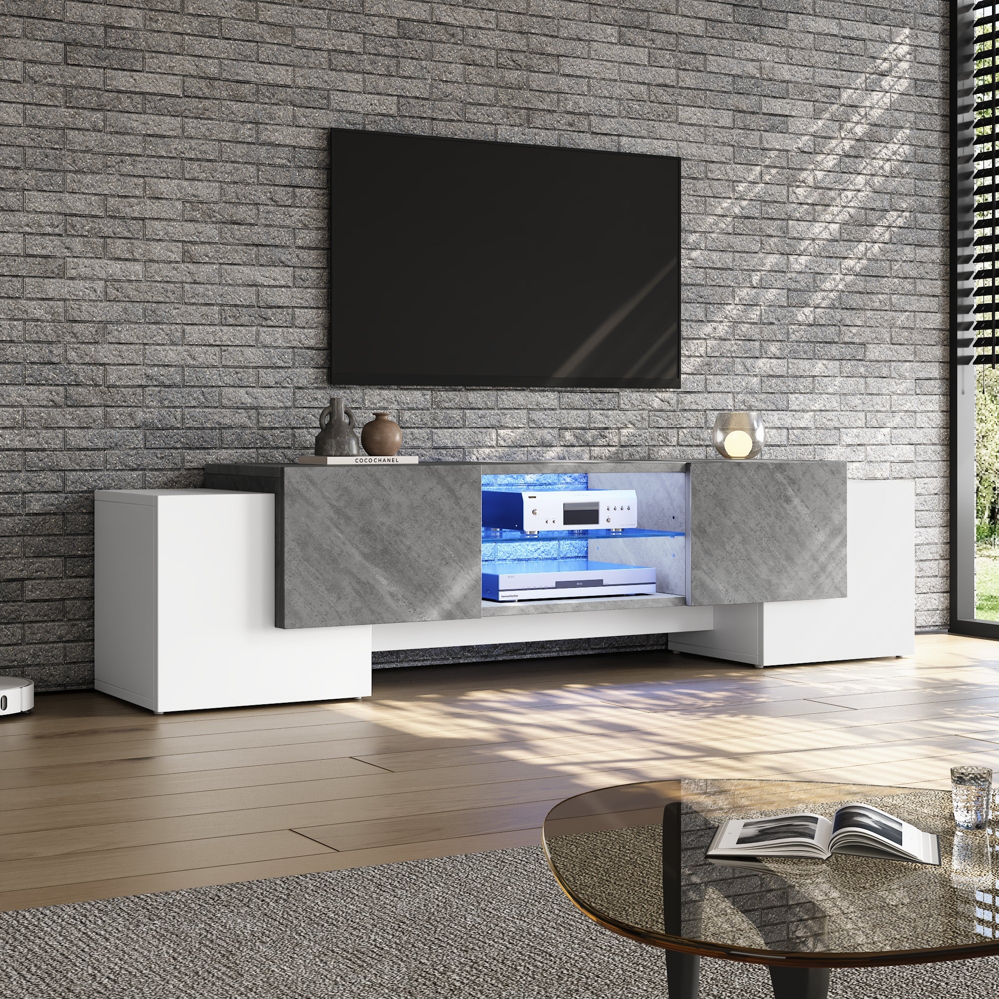 TV Cabinet 180*40*46.5cm, Lowboard with Bluetooth LED, White & Gray