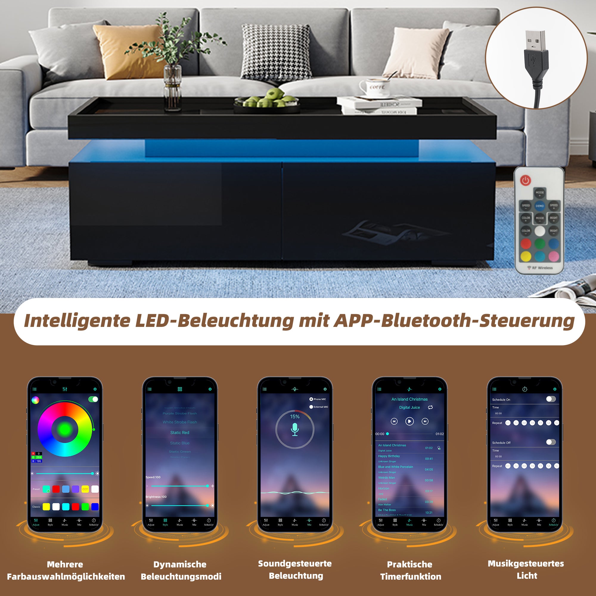 Coffee Table 95x45x35cm, LED, 2 Drawers, High-Gloss, Black