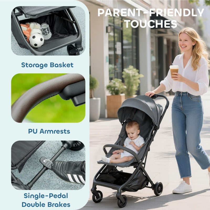 Foldable Baby Stroller Adjustable Seat 5-Point Harness Lightweight Dark Grey