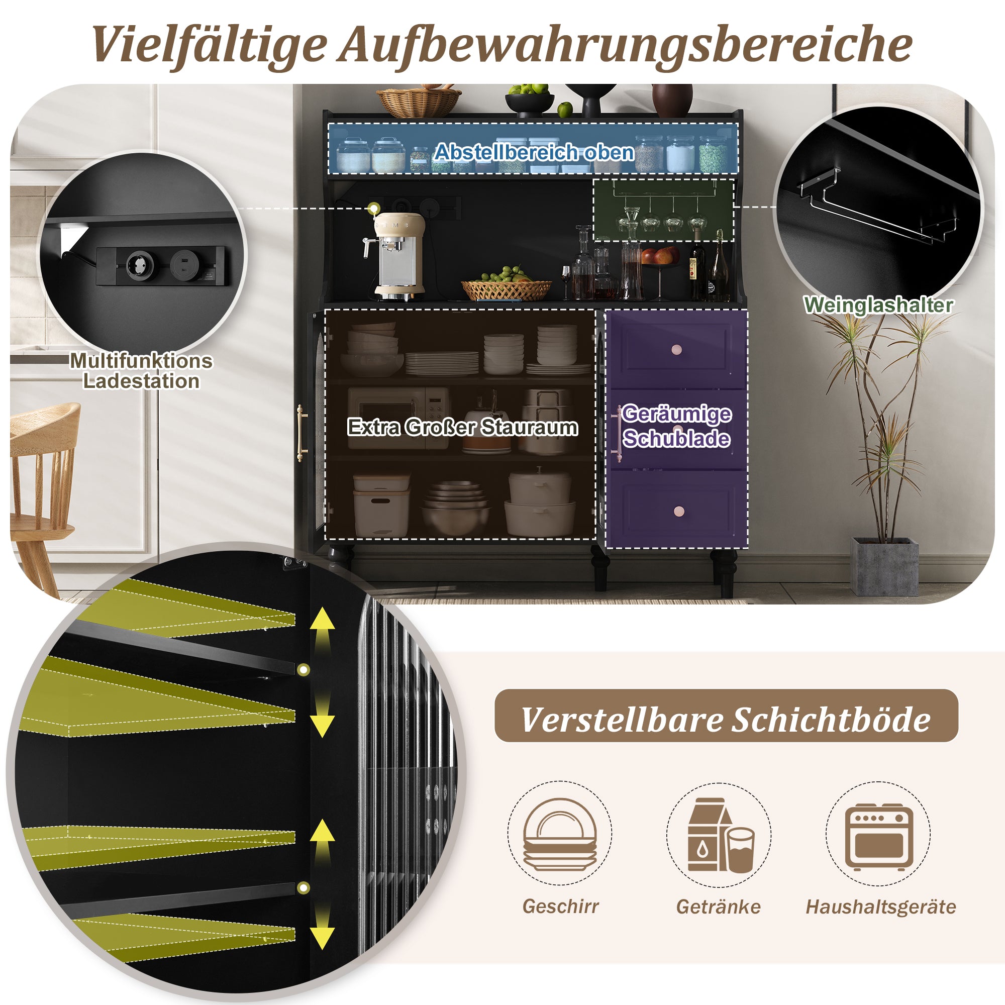 Tall Cabinet Bar Storage with Sockets, Wine Rack & Adjustable Shelves - Black